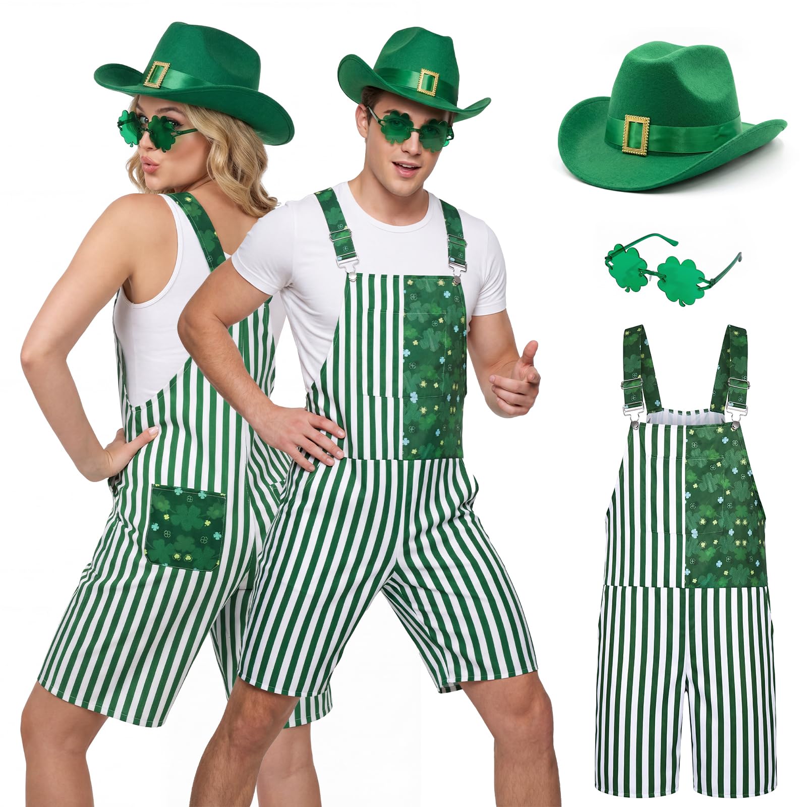 St Patrick's Day Fancy Dress Adjustable Strap Overalls Women Irish Parade Costume Green White Stripe Jumpsuits Hat Sunglasses for St. Patrick Day Party