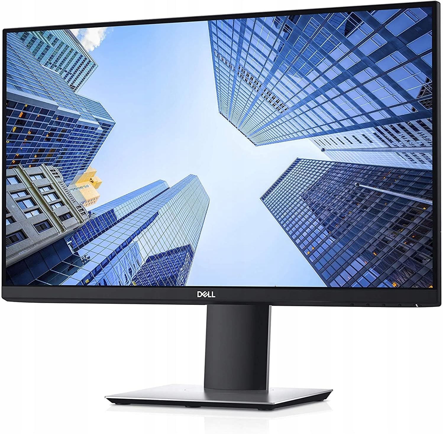 Dell P2719H monitor showcasing its ultrathin bezels with a cityscape display.