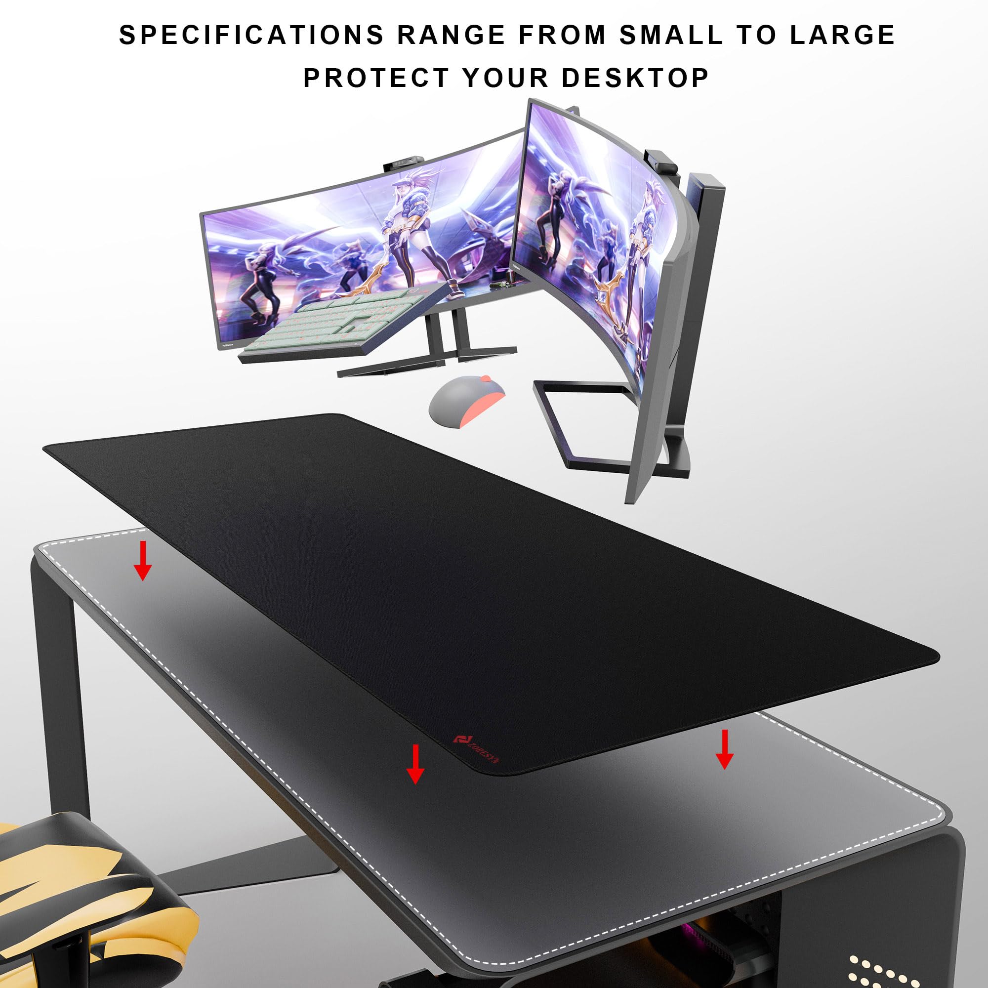 ZORESYN Tappetino per mouse da gioco, 160 x 50 cm, 4XL, gigante, con superficie liscia, base antiscivolo che riduce il rumore e bordi cuciti, per giocatori e ufficio, nero