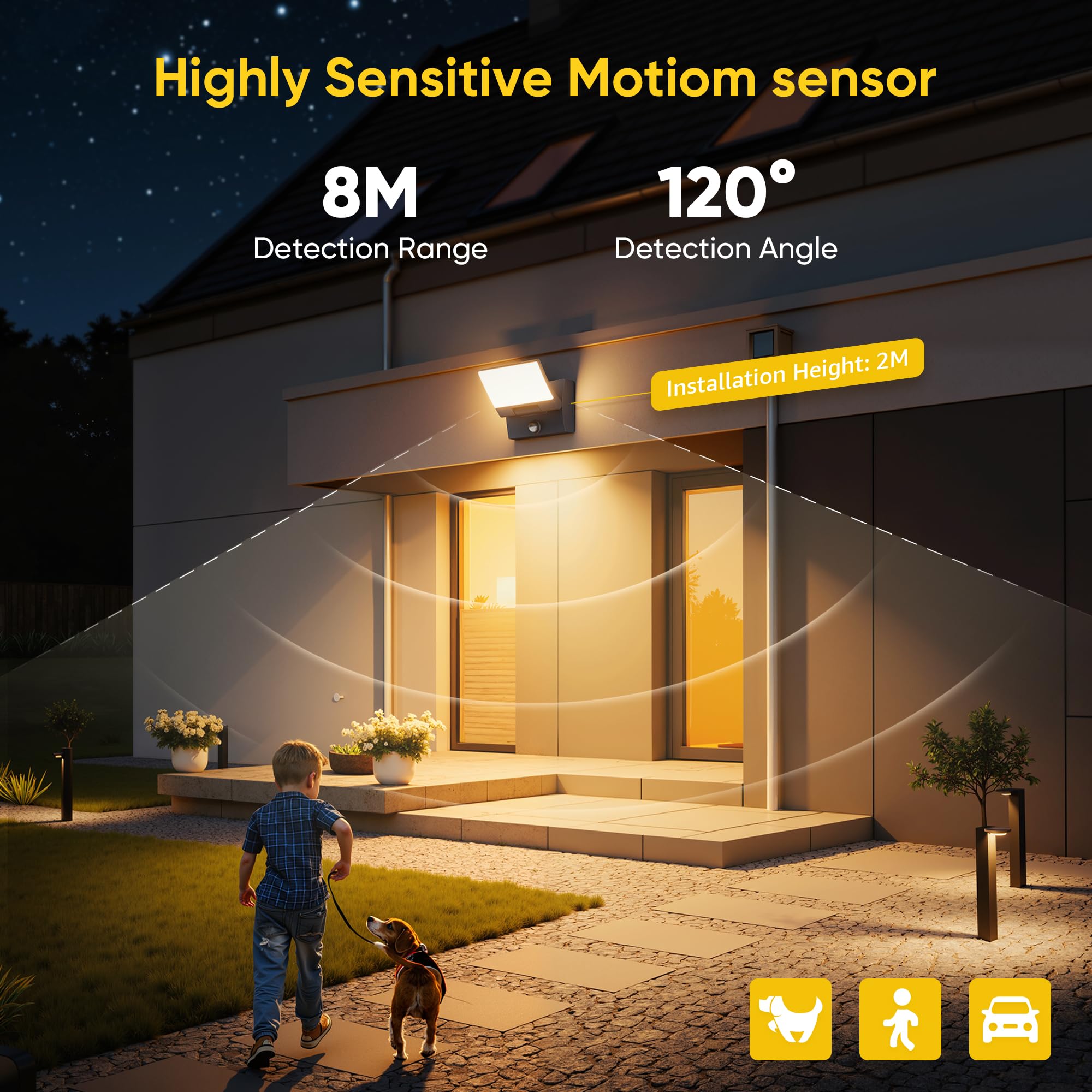 K-Bright 30W Lampa naścienna zewnętrzna/wewnętrzna LED z czujnikiem ruchu Antracyt Lampa zewnętrzna IP65 3000K z obrotowym akrylowym panelem 150° do ogrodu, tarasu, wejścia
