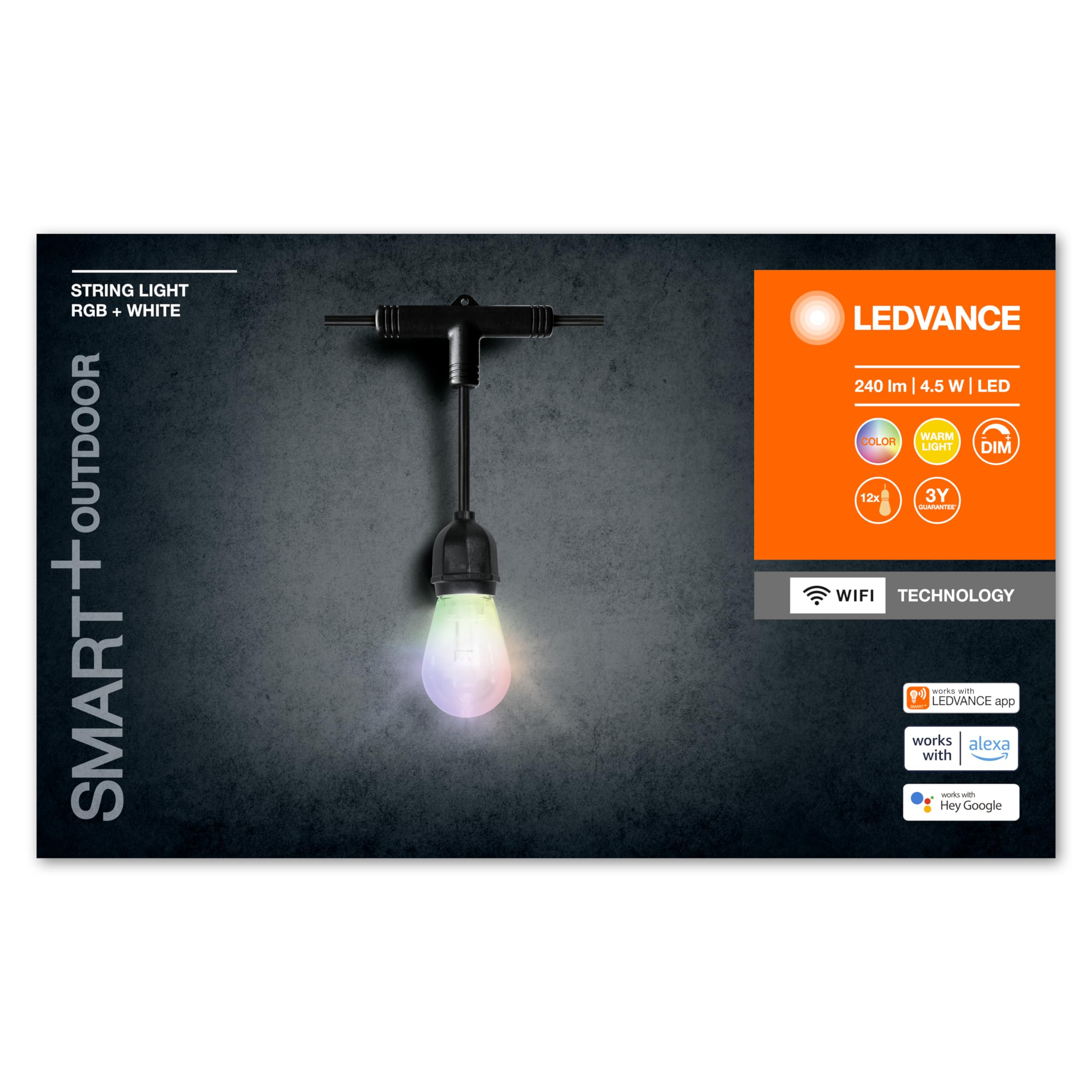 LEDVANCE SMART+ String catena di luci colorate WiFi da esterno, 4,5 W, 240 lm, nera, luce bianca calda (3000 K) e luce RGB 16 milioni di colori, controllo da app, compatibile con Amazon, Google, IP44