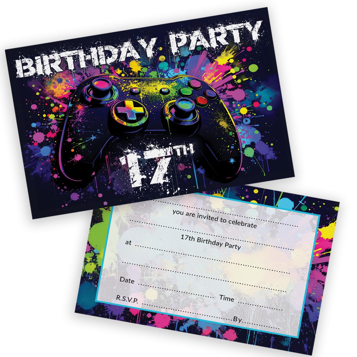 17th Birthday Party Invitations Teenager - Video Gamer Gaming 36 Pack - Childrens Birthday Invitations for Boys/Girls A6 Bday Party Invites Invitation Cards with Folding Envelopes