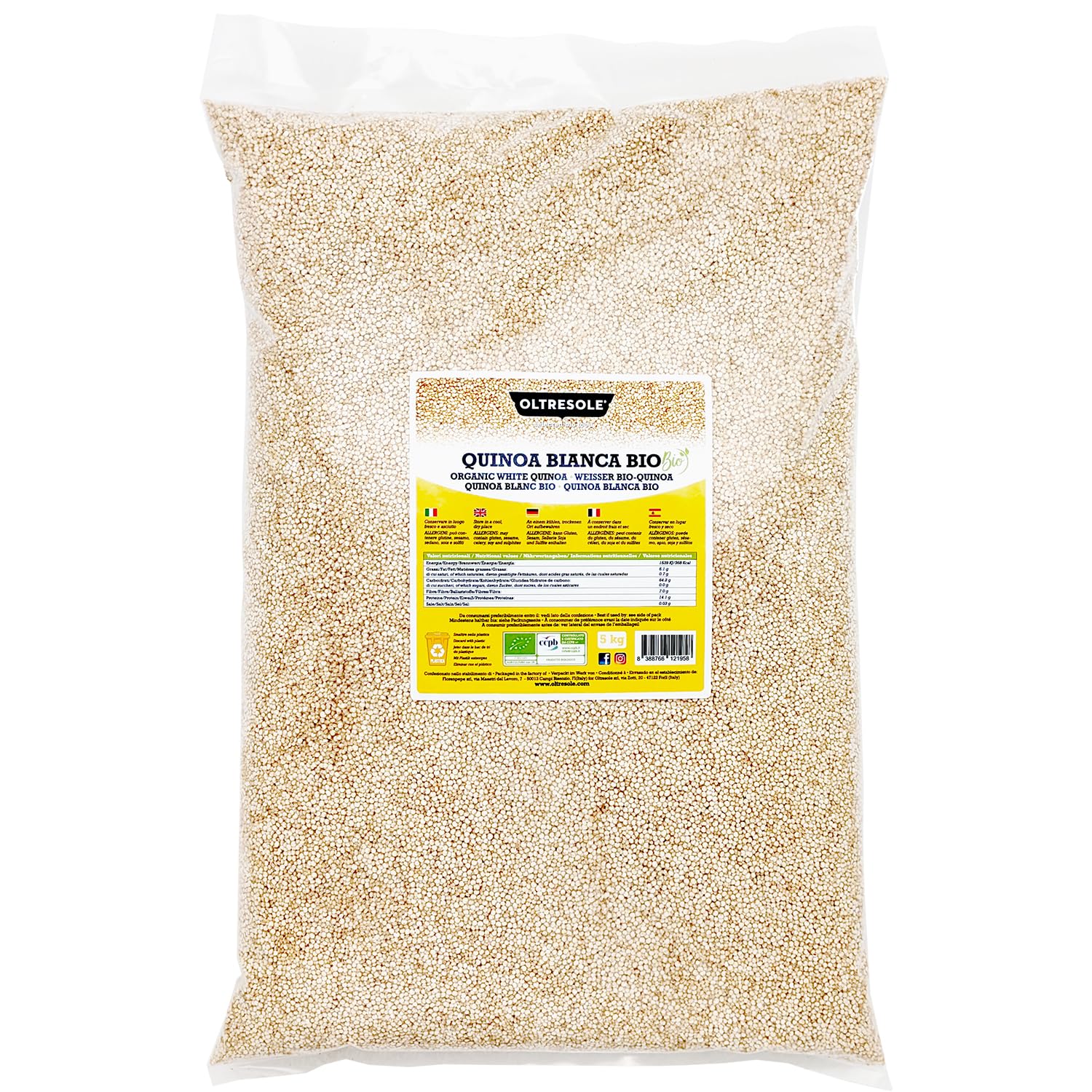 Oltresole - Quinoa Bianca Biologica 5 Kg - semi di quinoa bio, fonte di proteine ideale per piatti vegani e ricette salutari, confezione convenienza