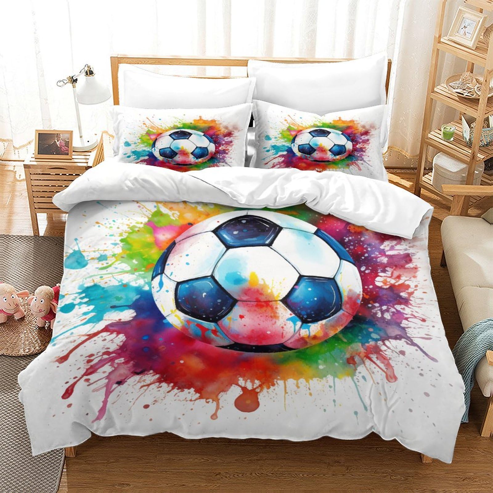 Parure de lit football 3D en microfibre pour lit simple 140x200cm