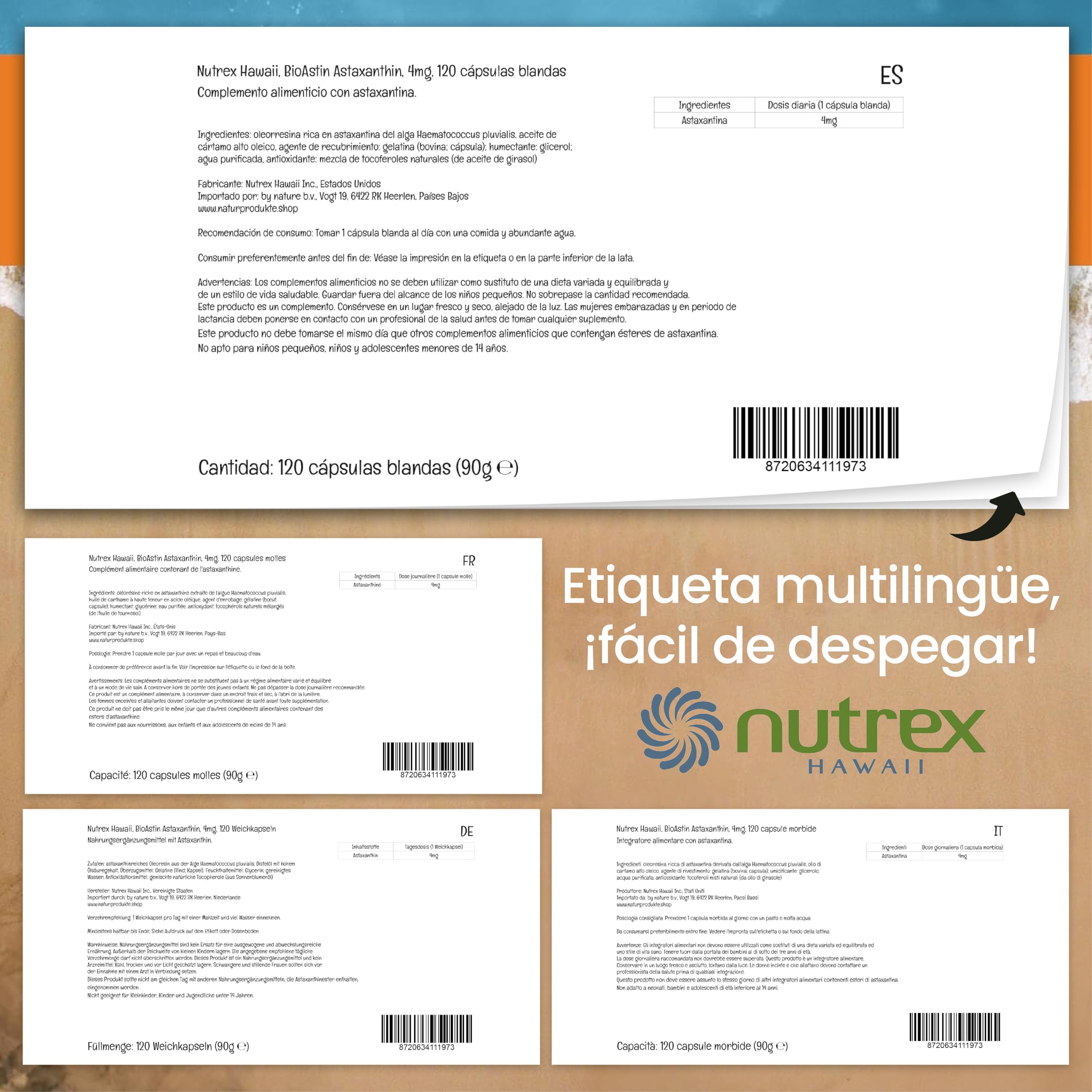 Nutrex Hawaii, BioAstin, Hawaiian Astaxanthin, 4mg, 120 Cápsulas blandas, Probado en Laboratorio, Vitamina E, Sin Gluten, Sin Soja, No GMO