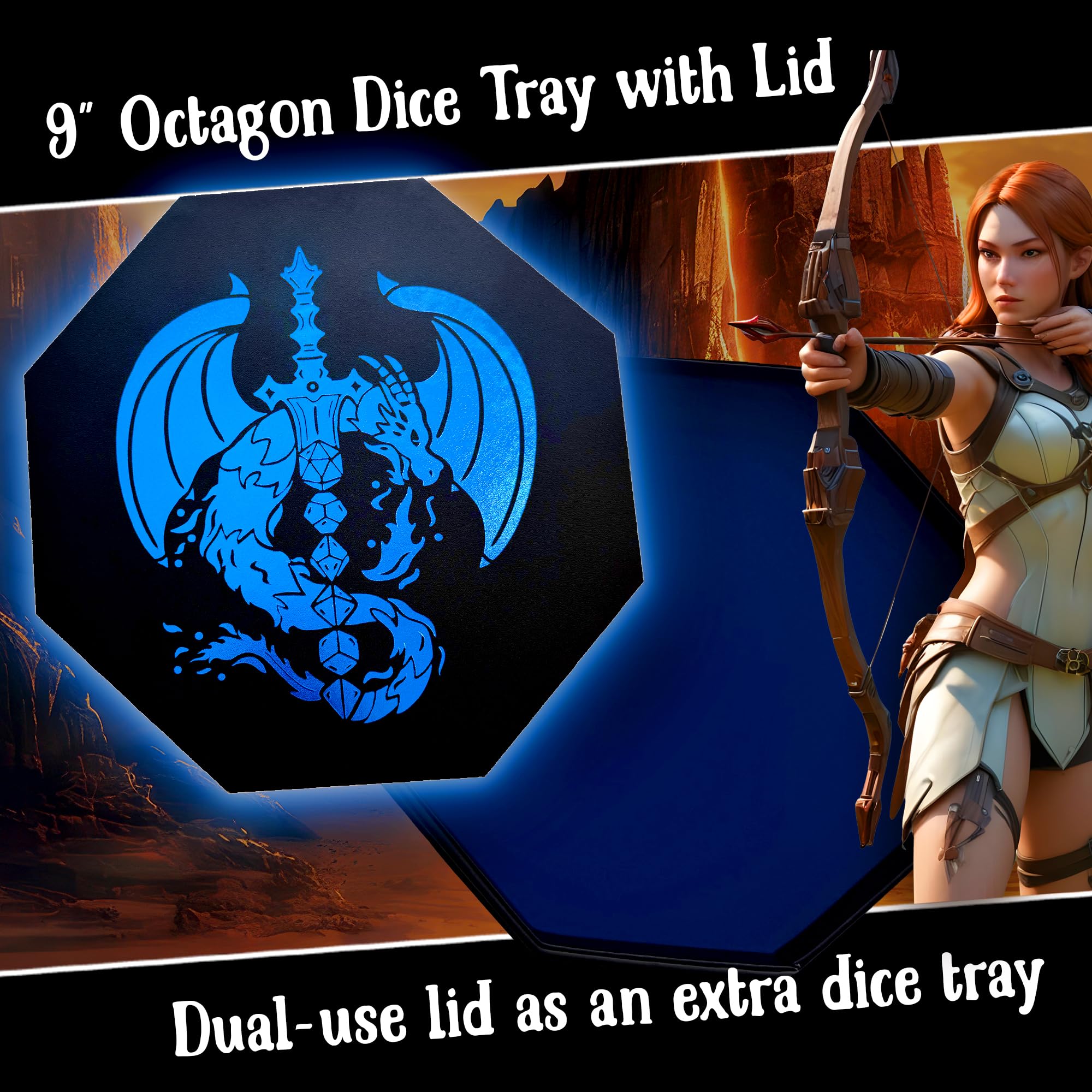 Fantasydice Blue Dragon Dice Sword with Wizard Book Print, 9" Octagon Tray with Lid and Dice Staging Area - Image 2