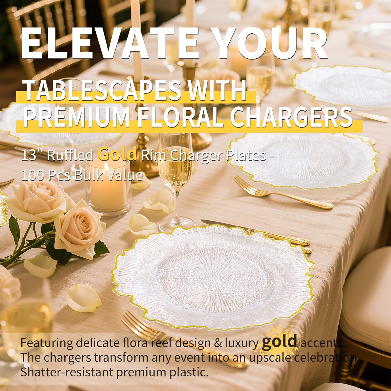100Pcs Clear Charger Plates Bulk Wedding - 13" Premium Plastic Ruffled Gold Rim Chargers with Flora Reef Design，Decorative Dinner Charger Plates for Events & Parties