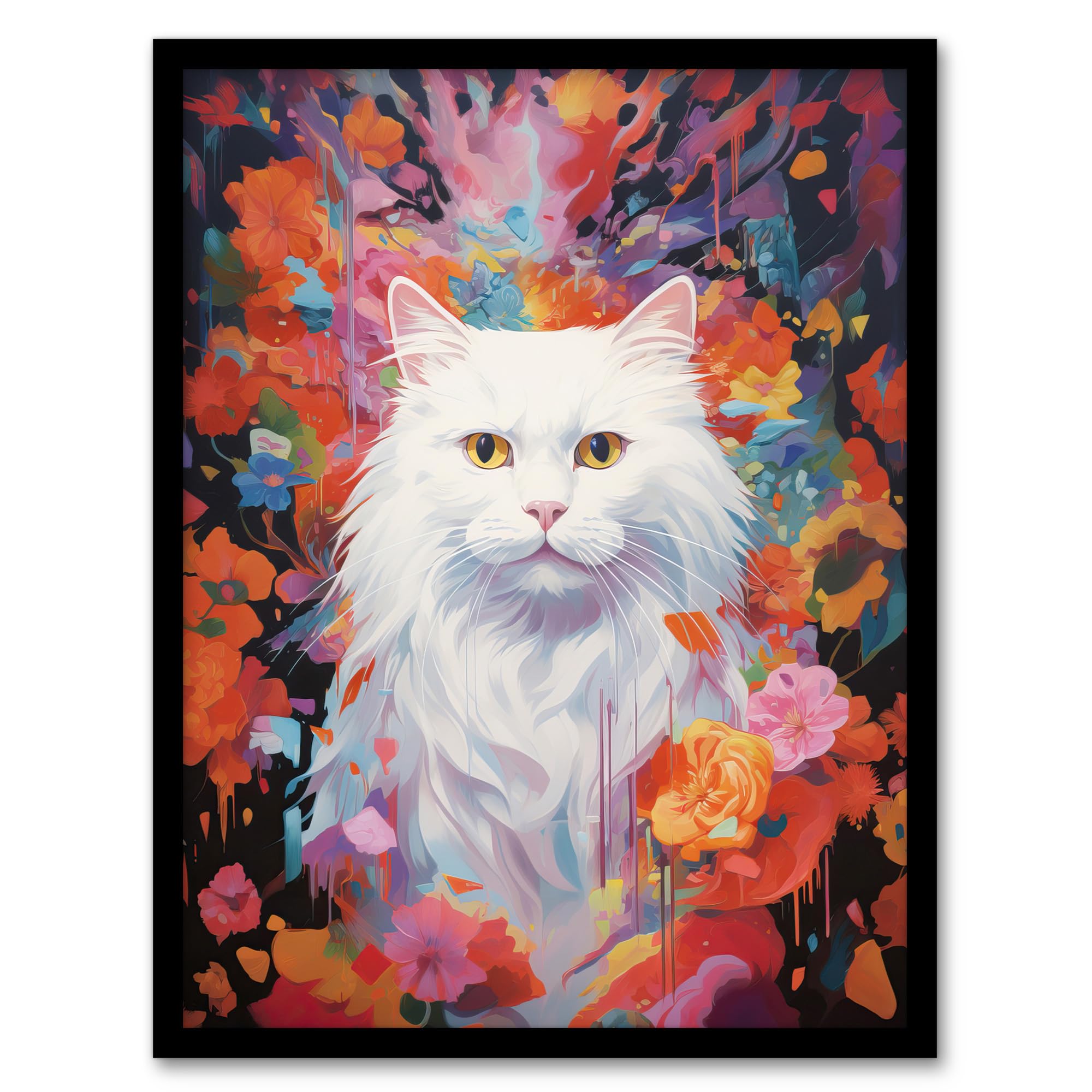 Artery8 Framed Print - Pure White Cat Lover Gift - Pet Portrait Artwork Painting - A4 Size