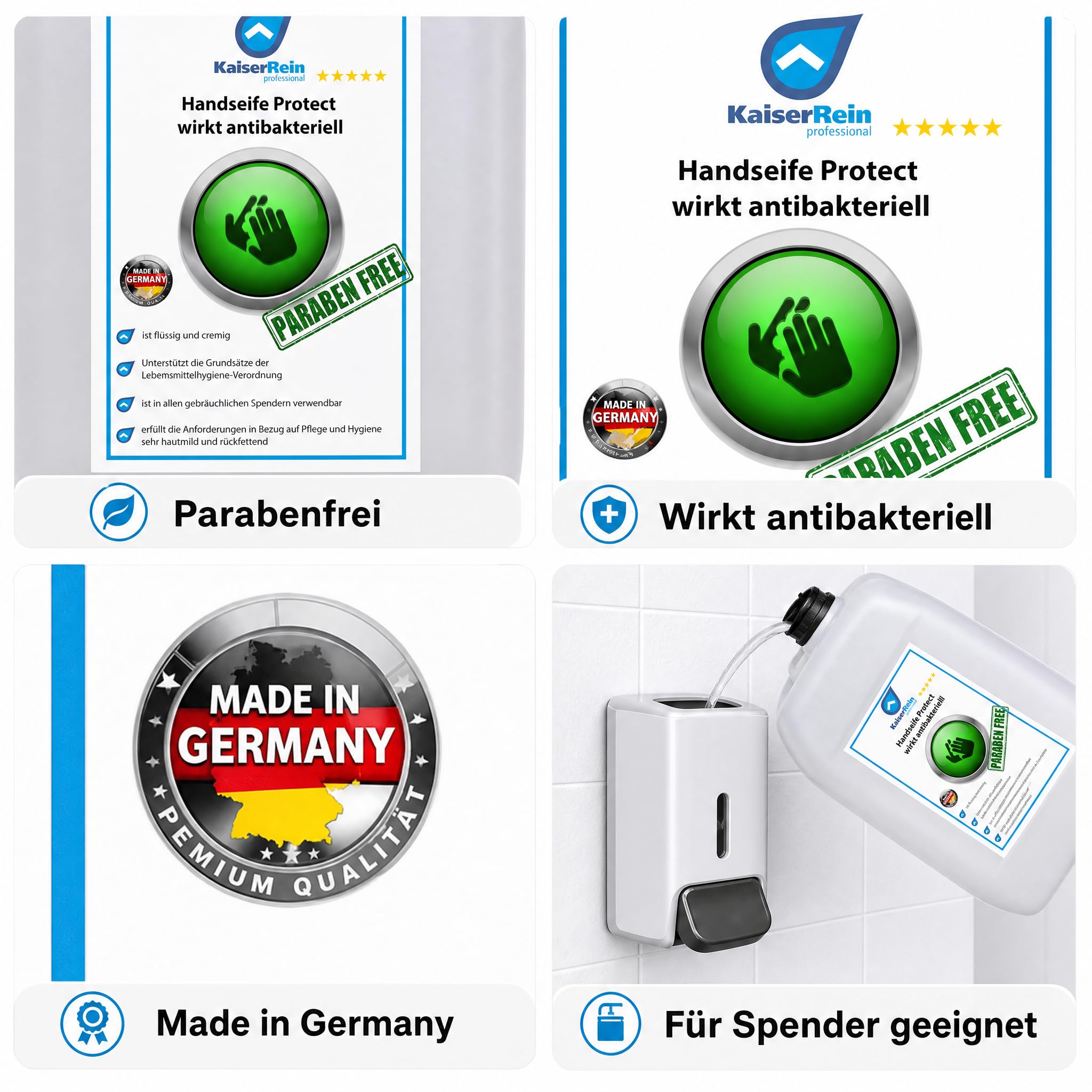 KaiserRein Handseife Protect, Flüssigseife 10 L Kanister, antibakterielle Wirkung, parabenfrei, hautmild & rückfettend, Nachfüllseife für Spender, Made in Germany