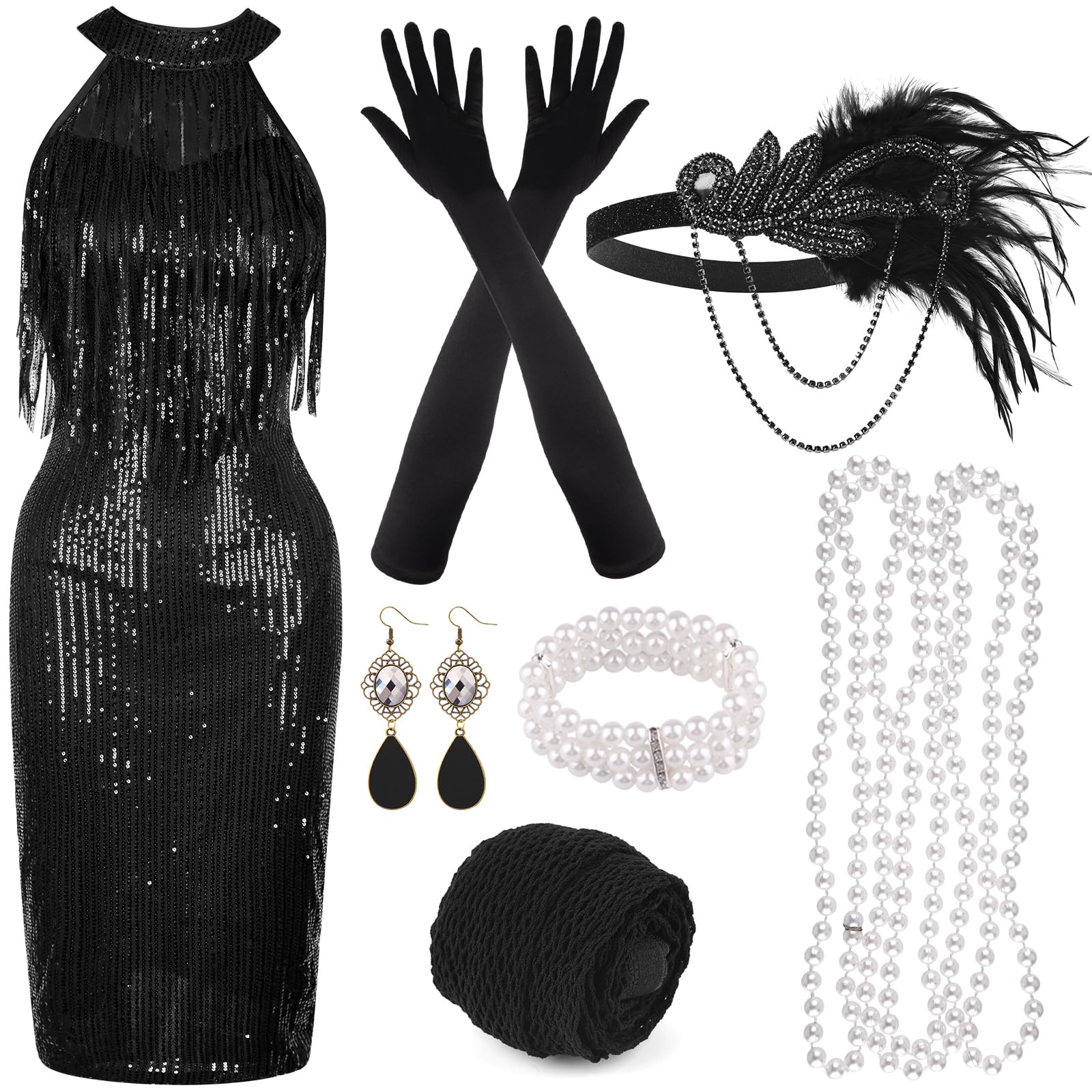 PLULON 1920s Sequin Beaded Fringed Dress with Roaring 20s Accessories Set V Neck Gatsby Dress