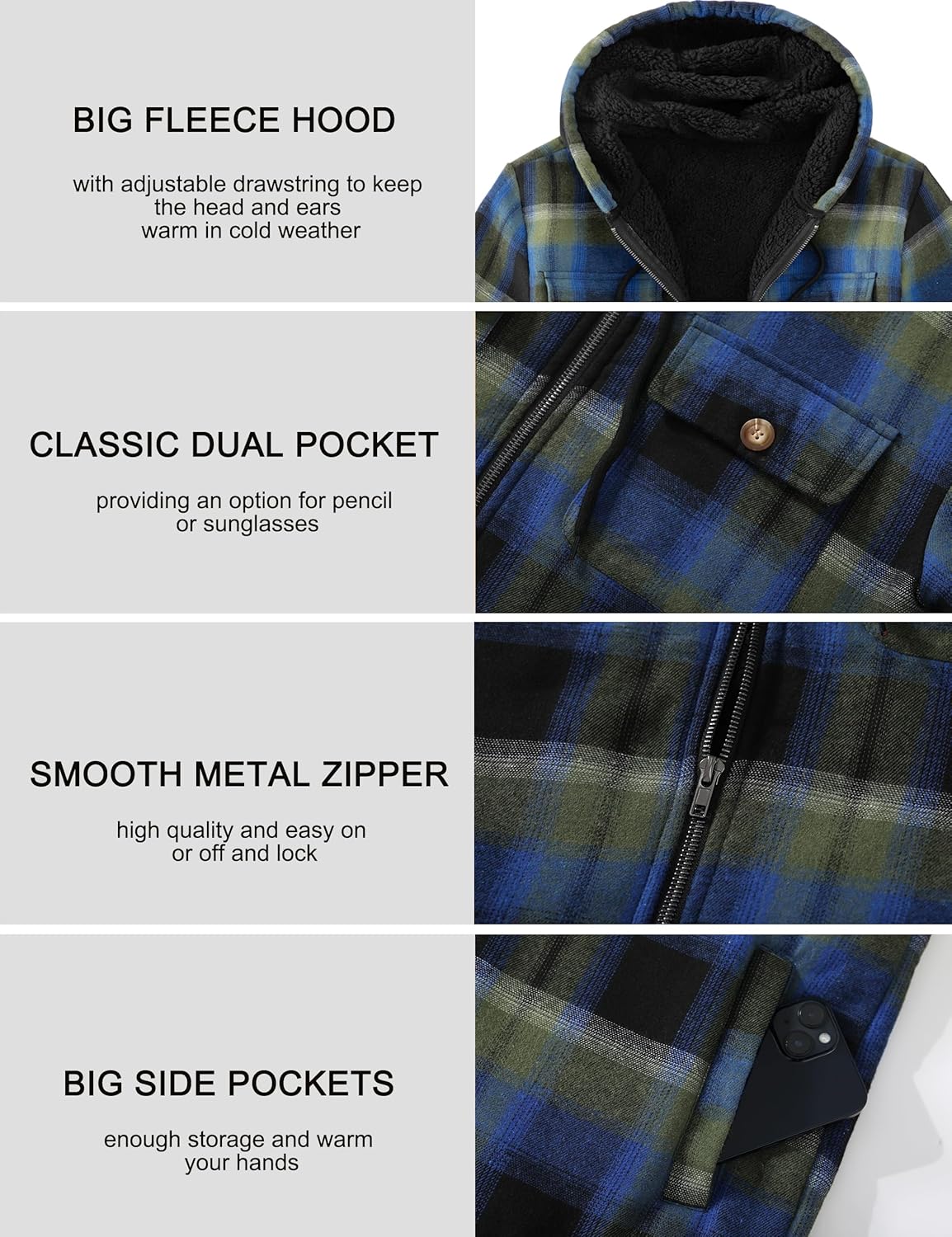 Men's Flannel Plaid Hooded Jackets Full Zip Sherpa Fleece Lined Hoodies Fashion Warm Coat - Image 6