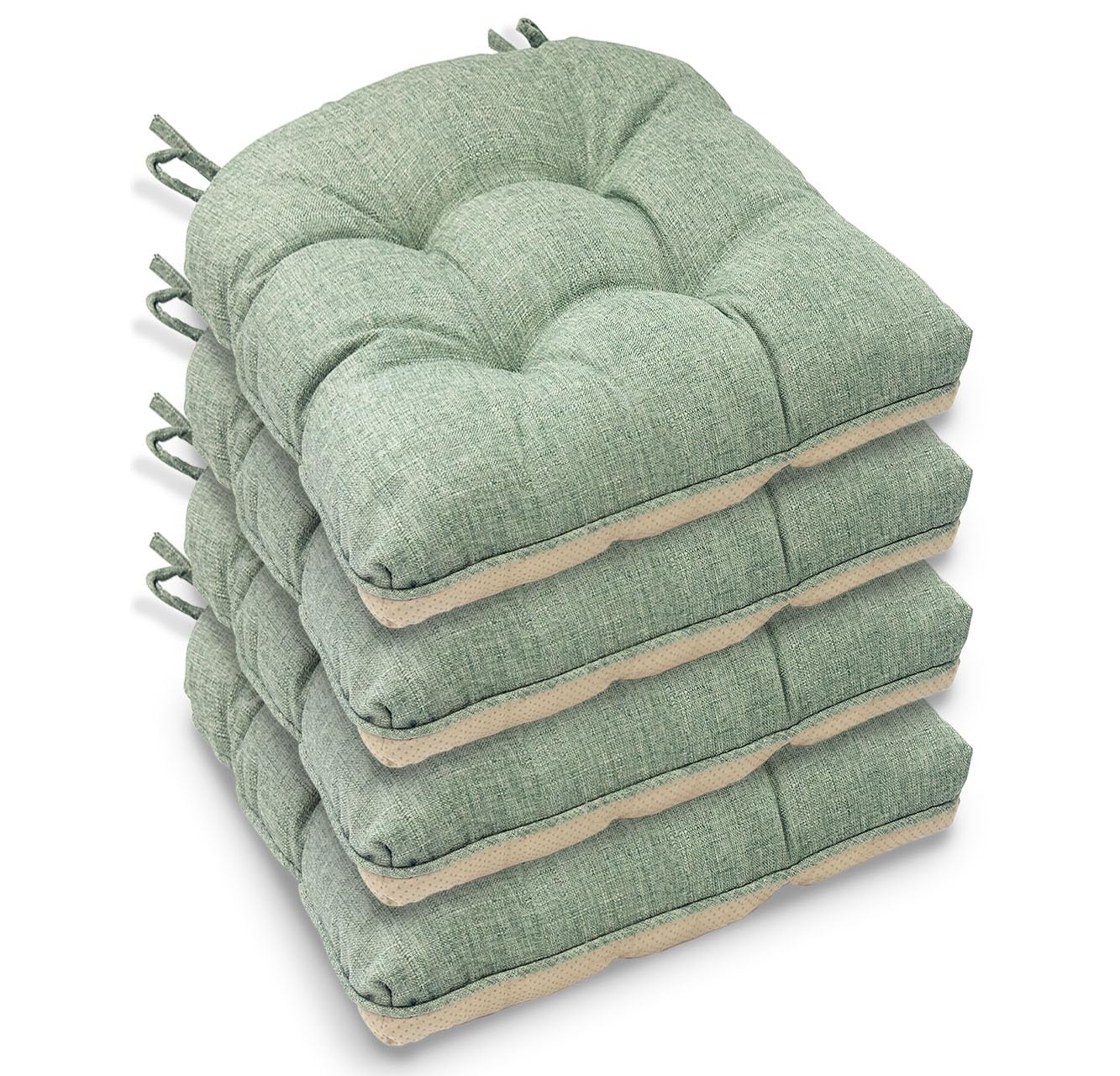 Casabella Chair pads - Dining Chairs Cushion - 4 Pc Cushions 45x45+8cm Non Slip Backing Chairpads - Tufted Seat pads With Ties - Durable & Soft Cushions for Kitchen, Garden - Sage