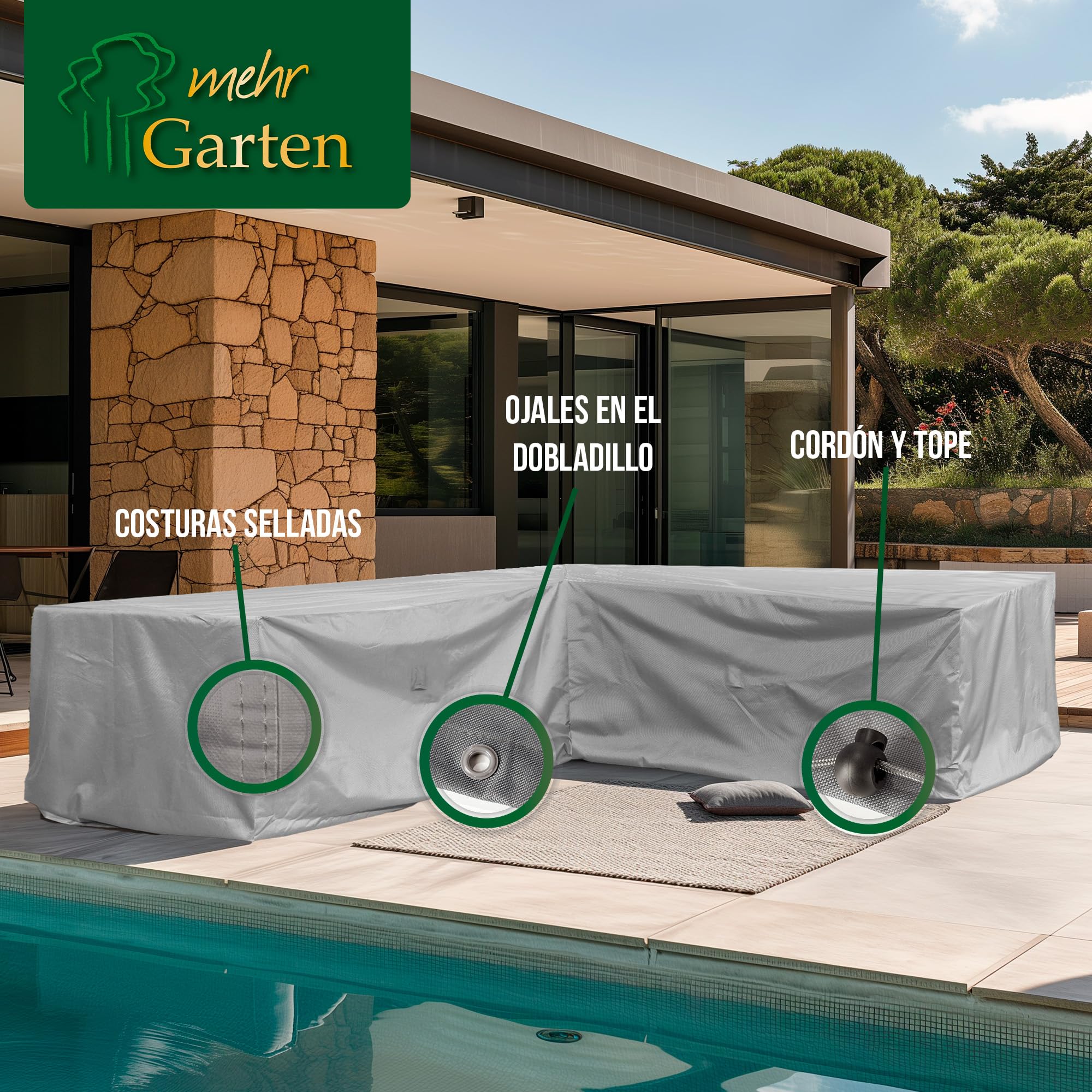 Funda protectora para sofá esquinero de jardín | 255 x 255 x 80 cm | Poliéster tejido Oxford 600D, color: gris