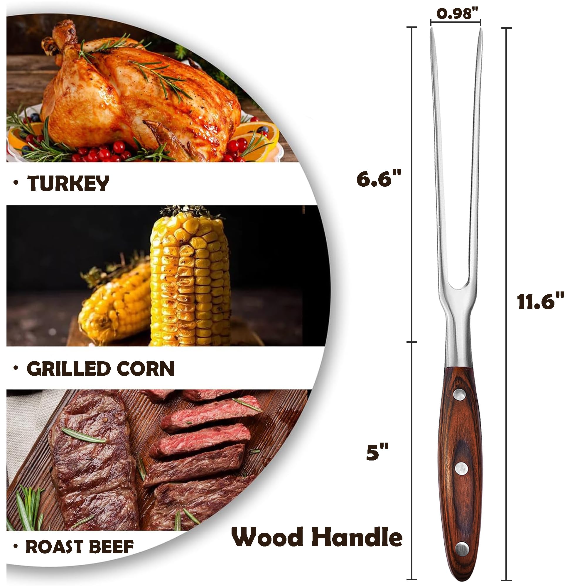 Tenedor de acero inoxidable resistente de 11.6 pulgadas, tenedor de carne para barbacoa y tenedor para servir para cocinar asar carne triturada (mango de madera)