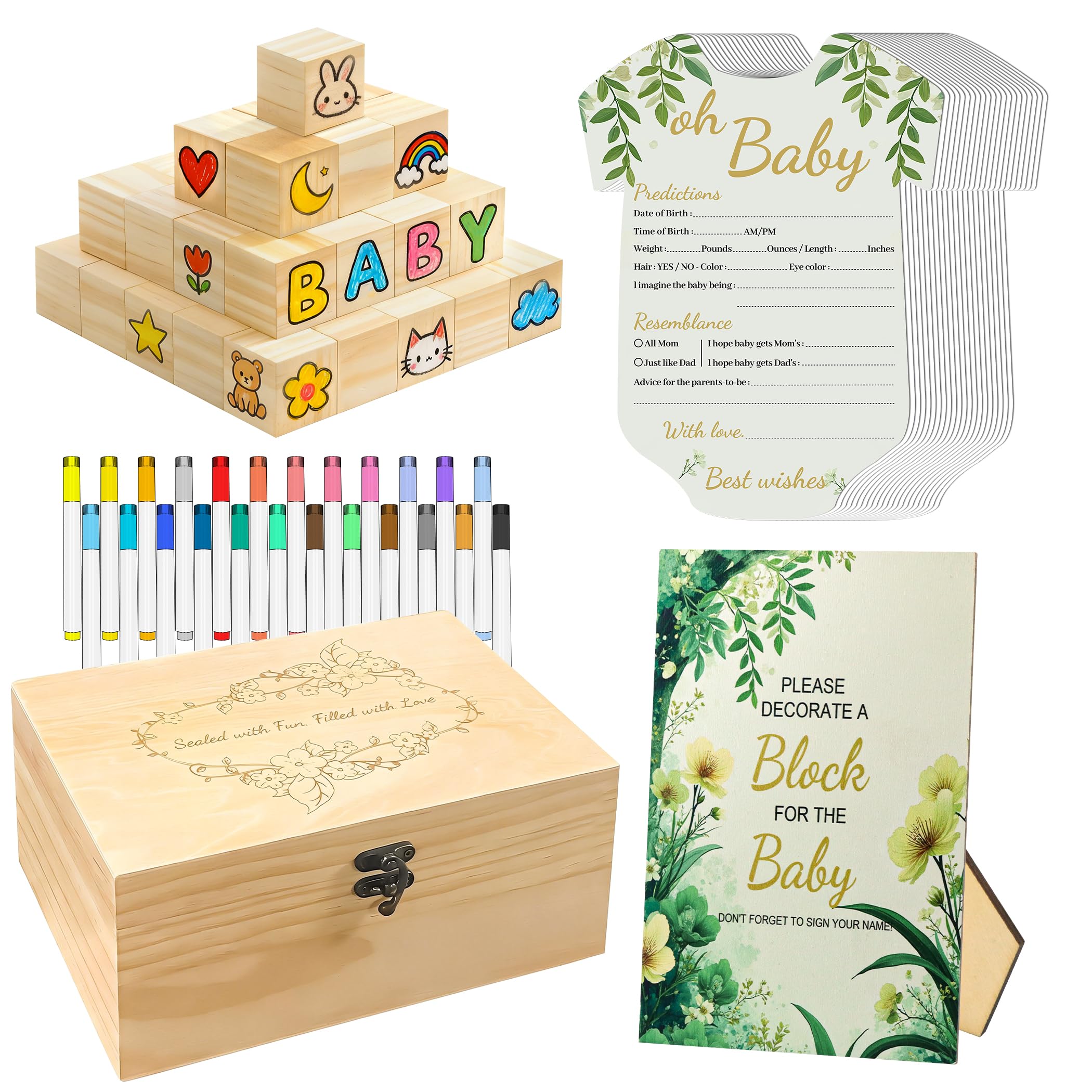 Photo 1 of 124-Piece Baby Shower Games Kit with Wooden Blocks, Prediction Cards, and Acrylic Paint Pens – Creative Baby Shower Activities, Decorations, and Keepsakes for Gender Neutral Parties (Light wood)