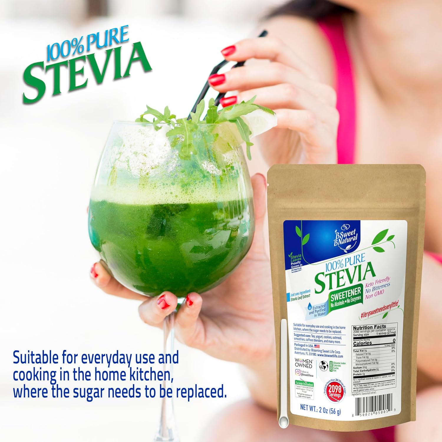 Stevia Powder 100% Pure, 2 Oz, No Artificial Sweetener. 2098 Servings | Stevia Green Leaf Extract | Zero Calorie & Keto Friendly (Pack of 1)
