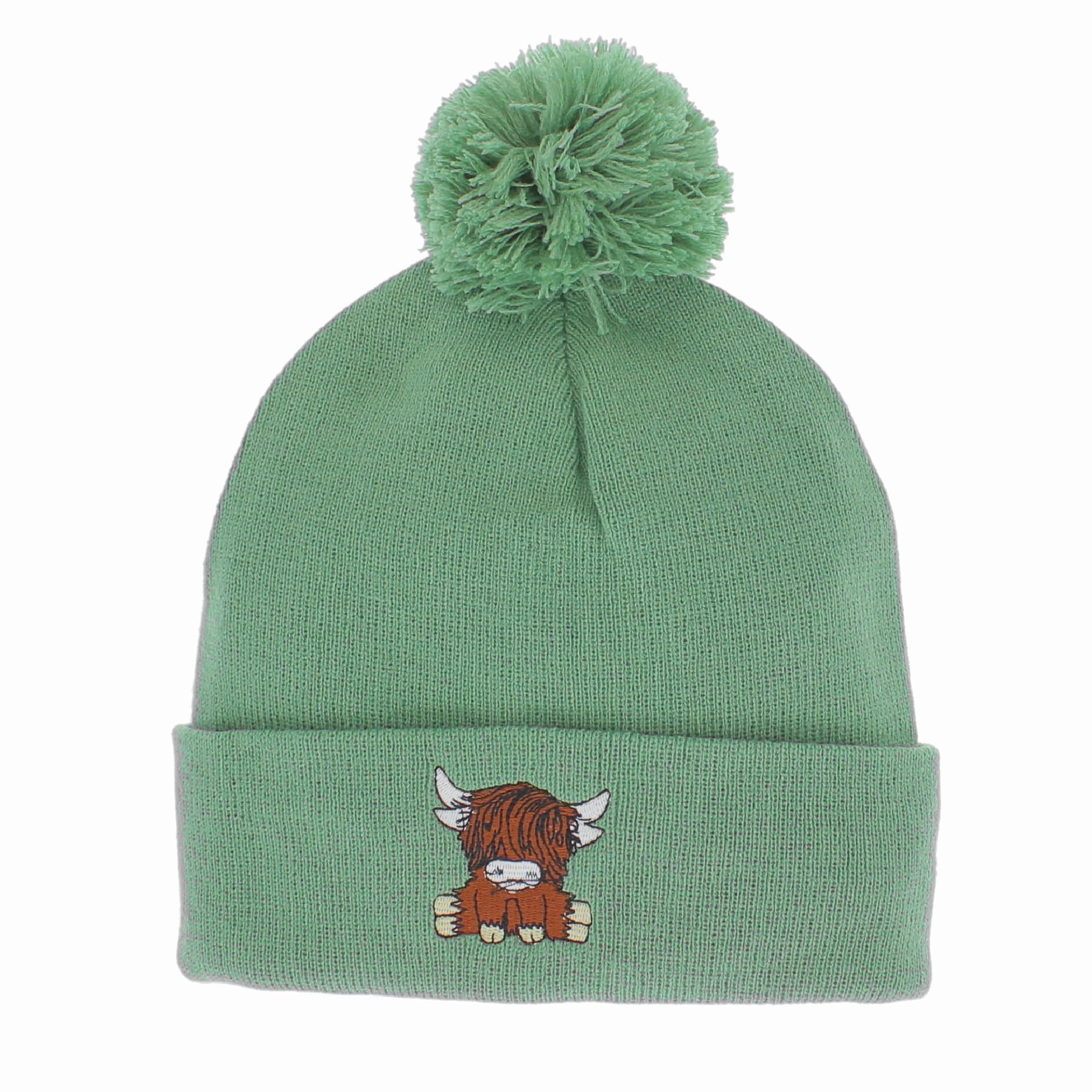 Bobble Hat with Highland Cow Embroidery, One Size, Adults (UK, Alpha, One Size, Green)