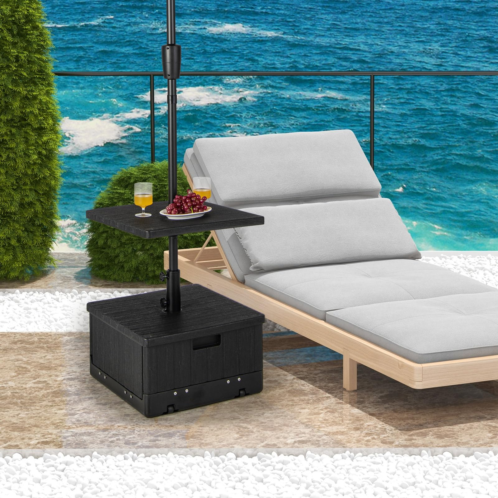 KOMFOTTEU Soporte para Sombrilla con Ruedas y Bandeja de Mesa, Base de Sombrilla Rellenable de 45L de Agua/67kg de Arena, Base para Sombrilla de 38/48 mm con Asa