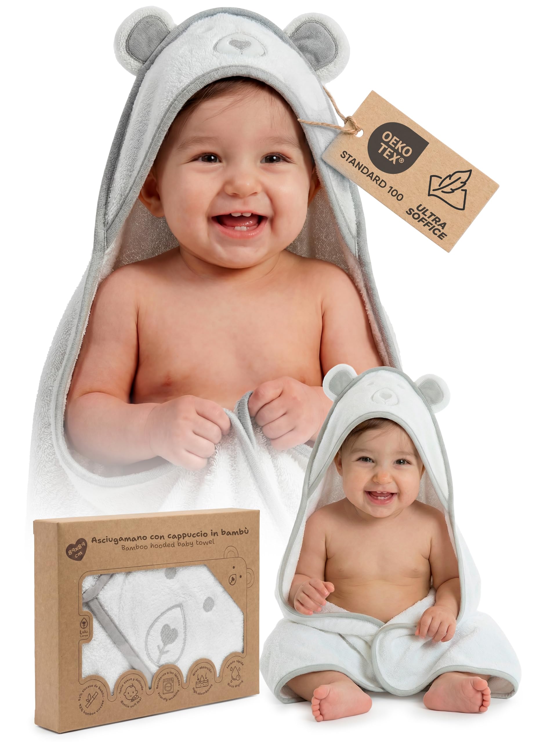Asciugamano Neonato Bambù con Cappuccio 89x89 cm 0-3 Anni Accappatoio Morbido Super Assorbente per Pelle Sensibile Telo Bagno Bambino Regalo Nascita per Neogenitori con Animaletti (Bianco)