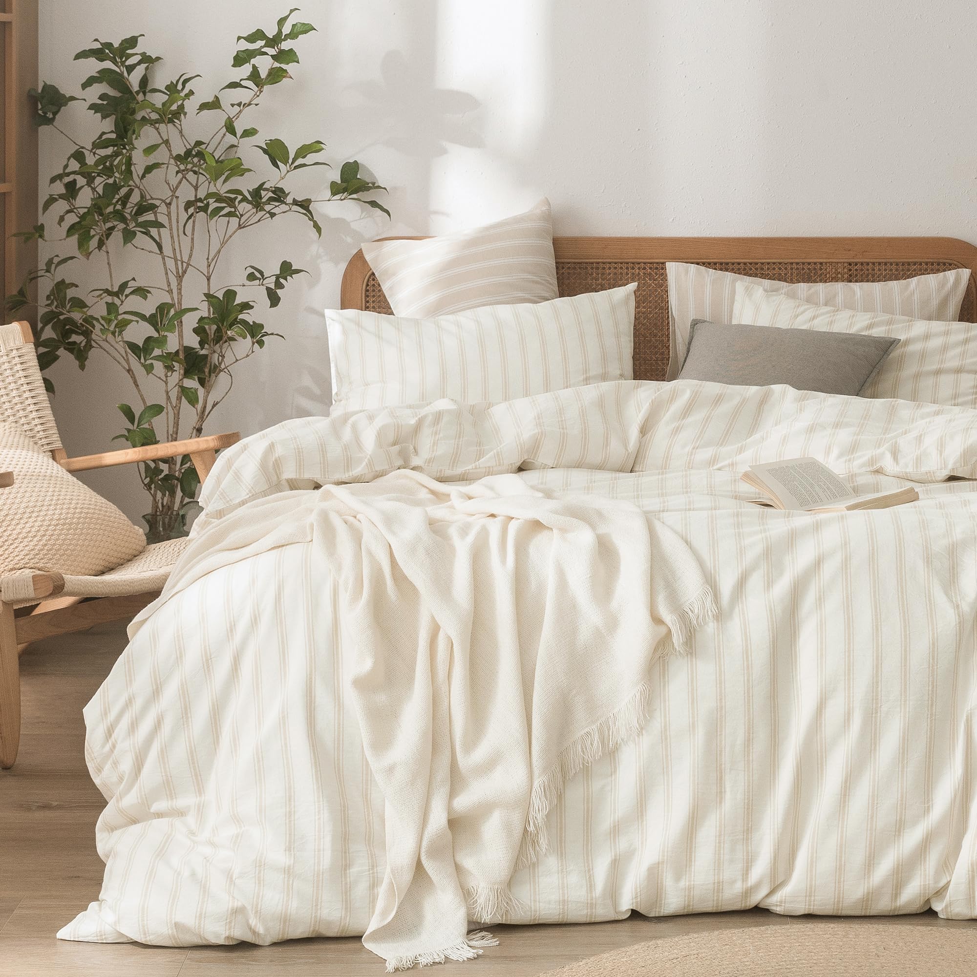 BESTOUCH Striped Cotton Duvet Cover Set Linen Feel Queen