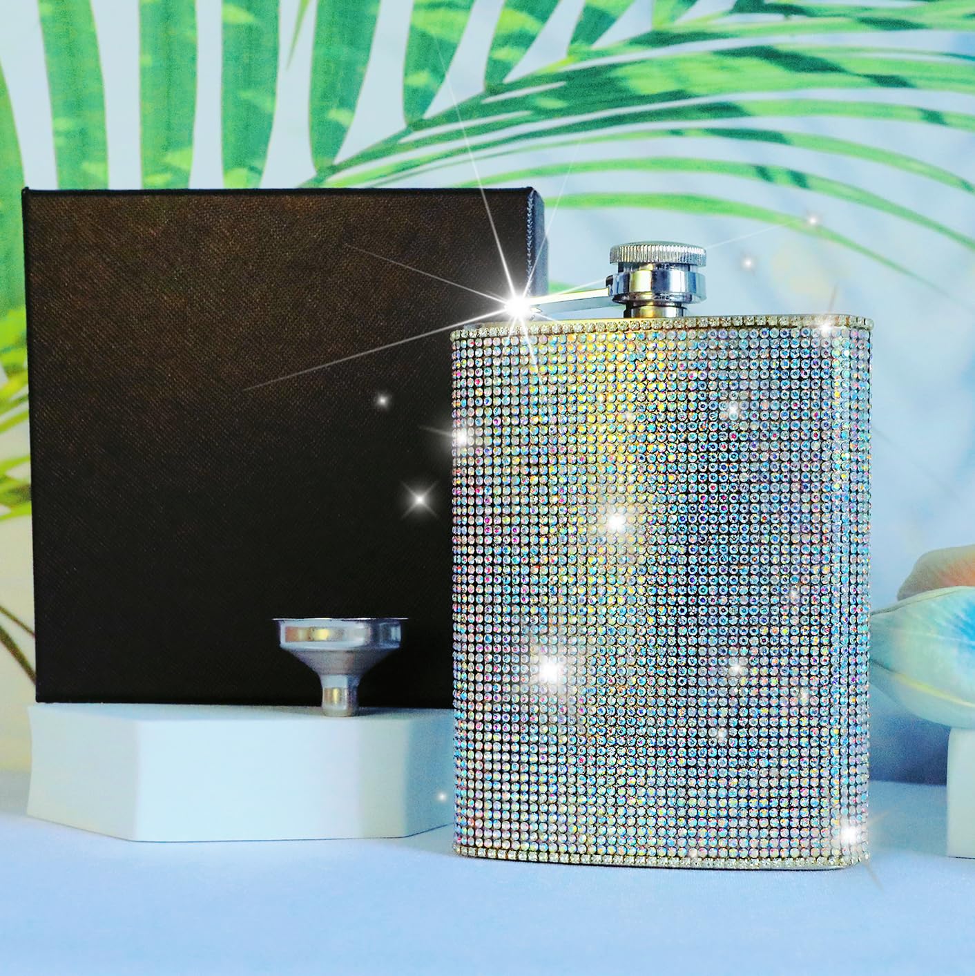 Flask for Woman Bling Silver Glitter Diamond Rhinestone Hip Flask Small Flask for Party and Home Decor 8OZ for Woman