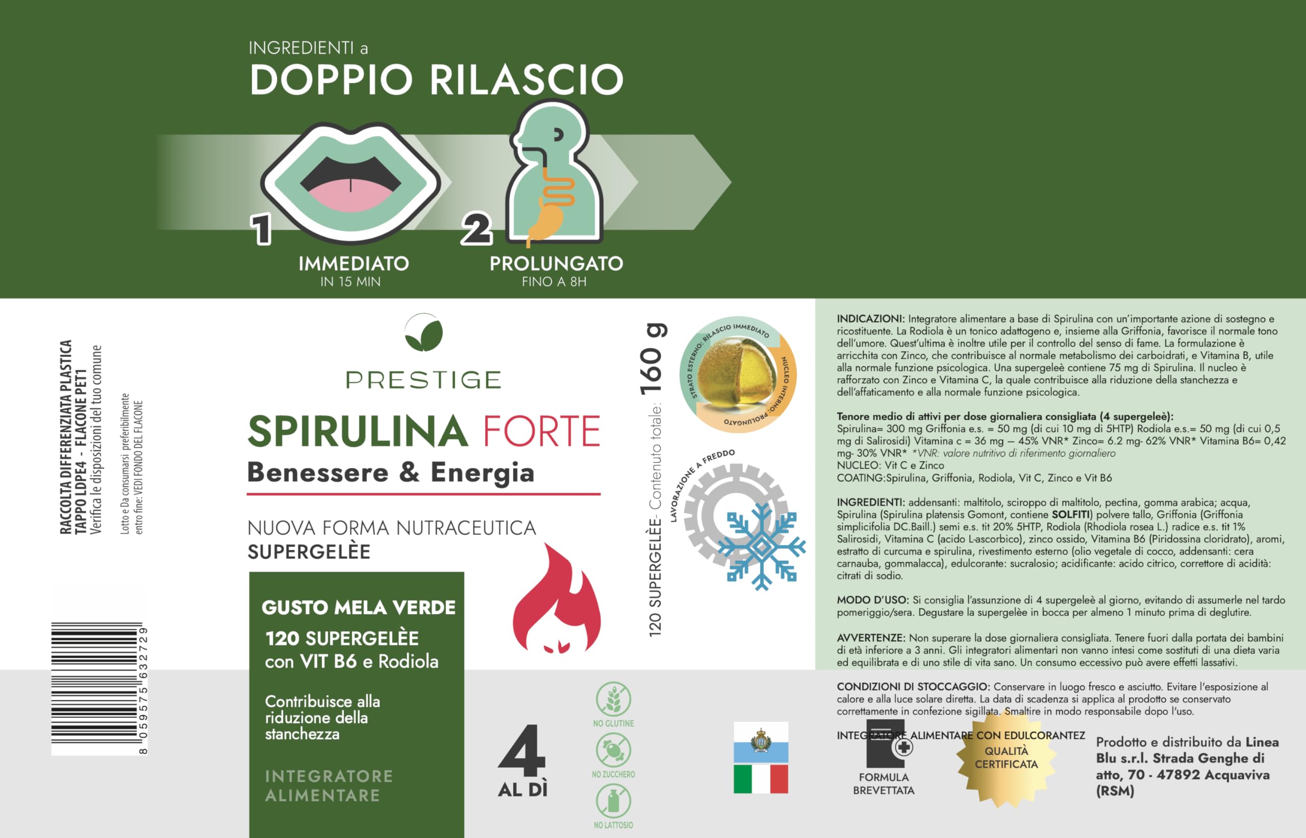 Integratore con SPIRULINA FORTE, 120 Gommose Supergelée Mela Verde - Spirulina: Dona Energia, Focus Mentale e Riduce Stanchezza - Supporto Metabolico