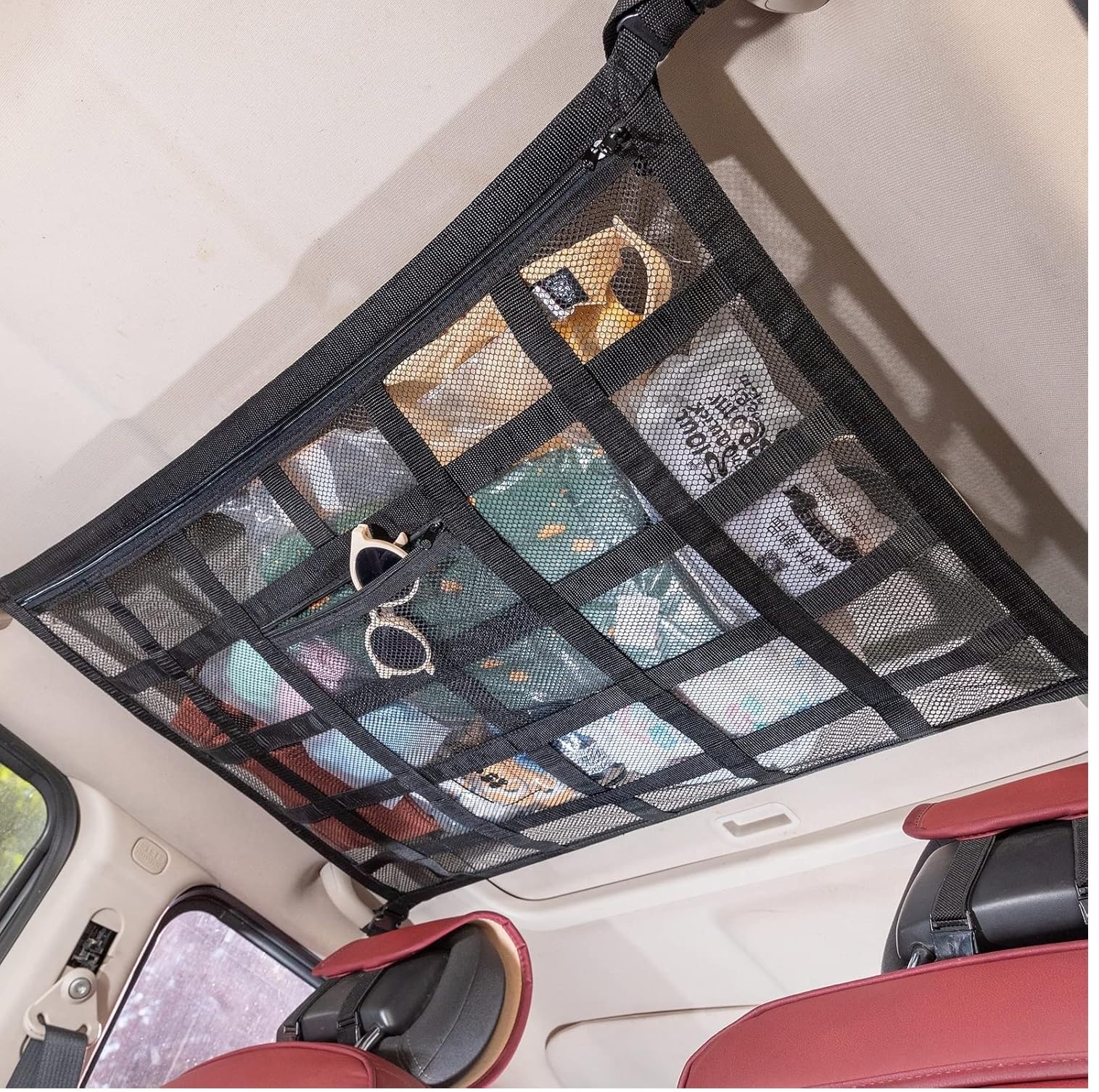 Alaska® Car Ceiling Storage Net Bag. Suitable ONLY for Vehicles Having 4 Ceiling Grab Handles Universal Fit, Double-Layer Adjustable for Cars, SUVs, and Trucks.