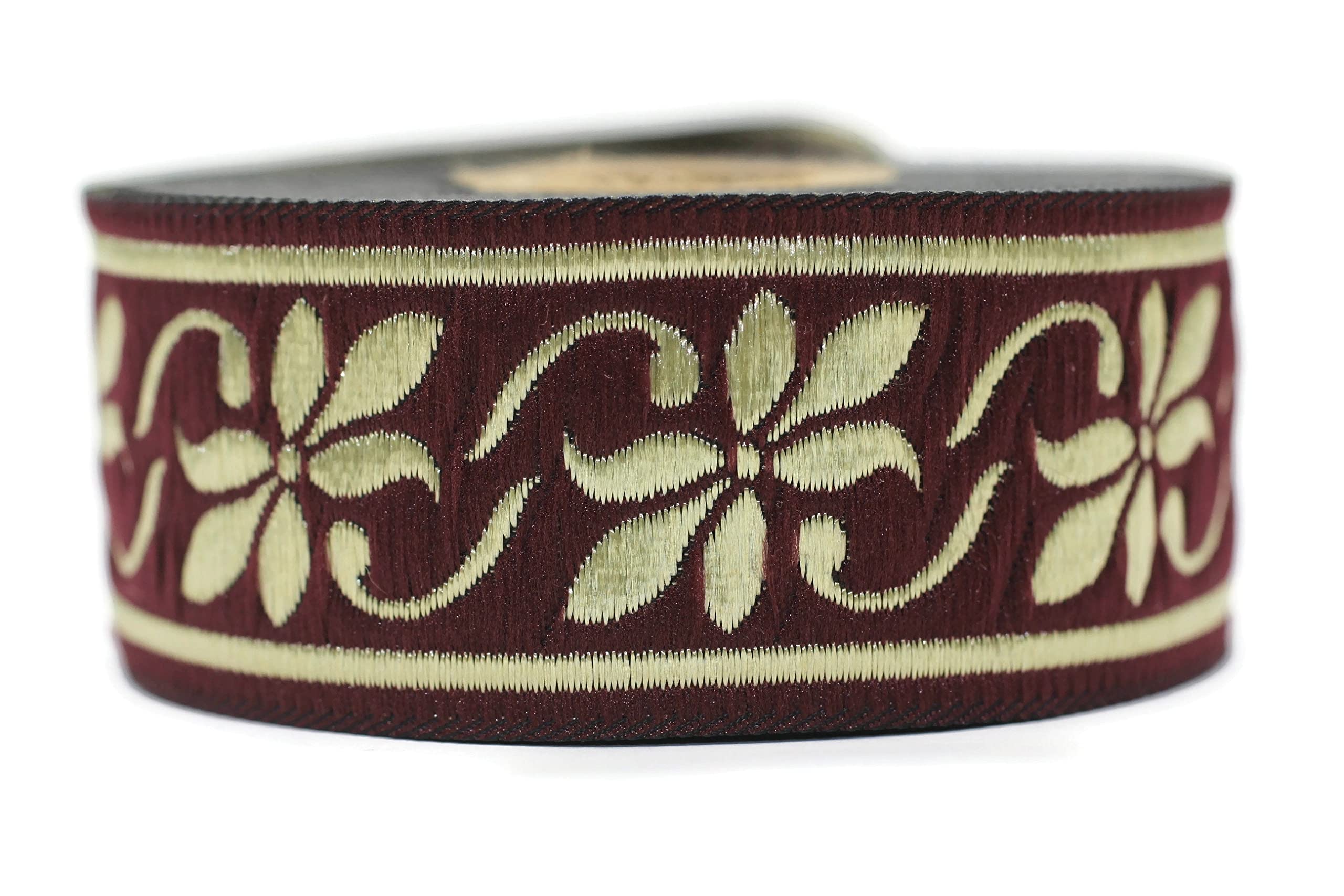 Ruban jacquard celtique médiéval bordeaux galon de couture doré 35mm