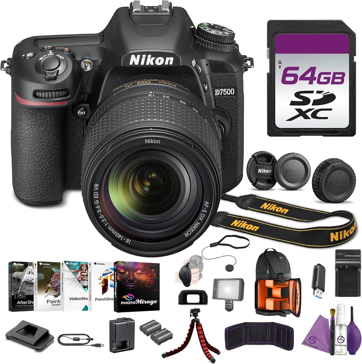 Cámara digital Nikon D7500 DSLR de 20 MP con lente de zoom con batería de repuesto EN EL15C + cargador + kit de limpieza + trípode flexible para vlogging + tarjeta de memoria de 64 GB + mochila + más
