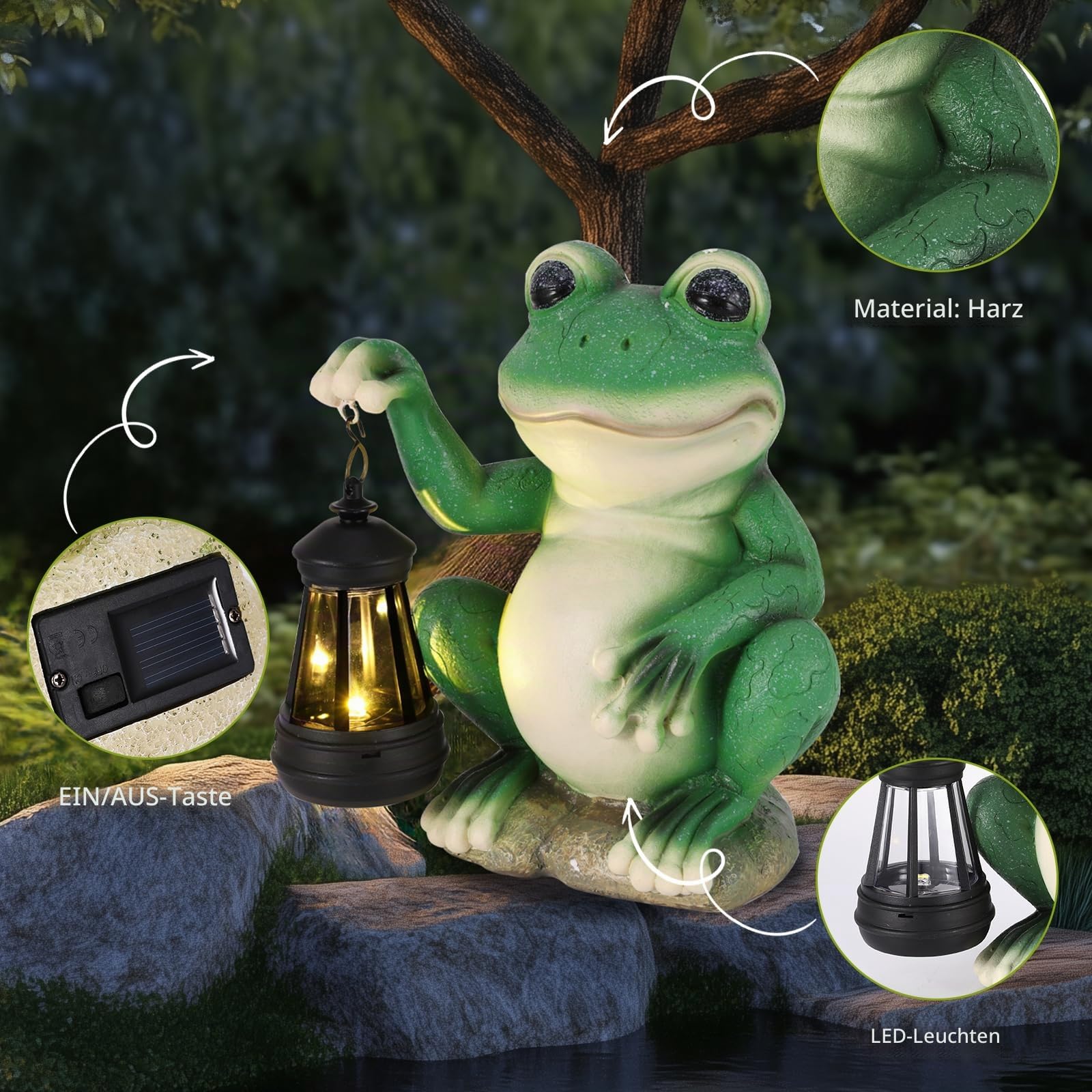 Solar Frosch Statue mit Solar Laterne, Außen Solar Gartendeko Frosch Gartenfiguren, Outdoor Frosch Garten Figuren Ornament mit Einem Lächeln für Hof Dekoration,Terrasse,Balkon,Gartengeschenke