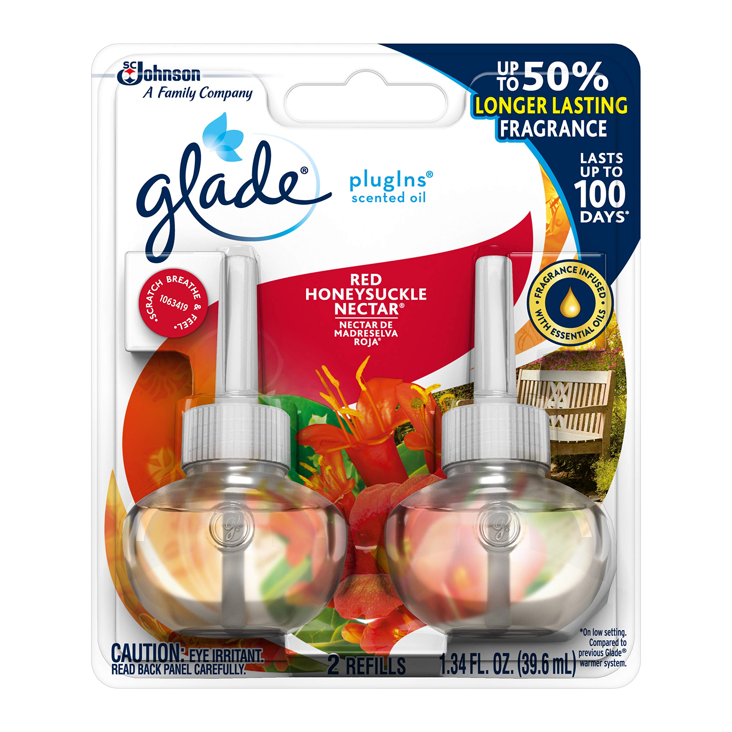Glade PlugIns Refills Air Freshener, Scented and Essential Oils for Home and Bathroom, Red Honeysuckle Nectar, 1.34 Oz, 2 Count ( One Pack)