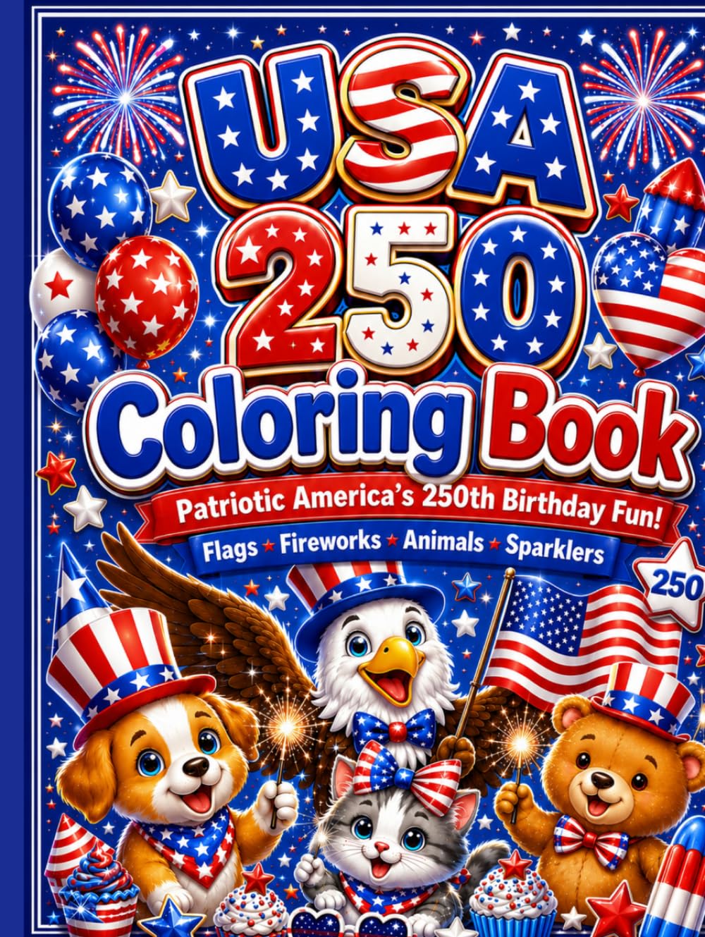 Happy Anniversary USA 250 Coloring Book for Kids: Patriotic Fourth of July Coloring Pages with Flags, Fireworks, Animals, Sparklers and Bold Easy America 250 Designs