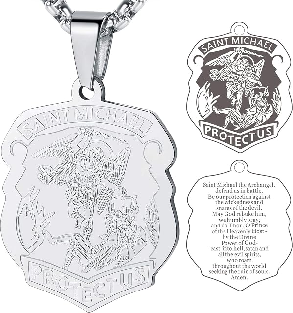 FaithHeart Personalised Saint Michael Necklace Talisman Jewellery Stainless Steel Archangel St Michael Pendant Protection Necklaces Engraved Catholic Jewelry Amulets for Policemen Firefighters