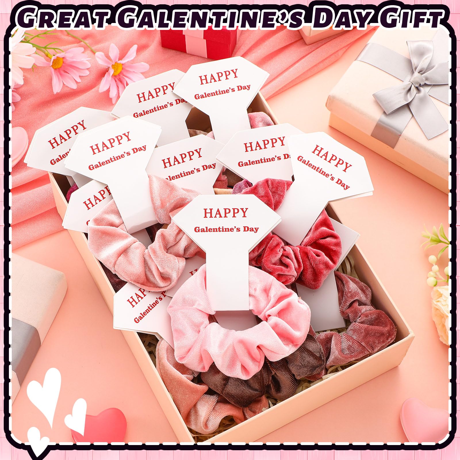 Lot de 12 chouchous à cheveux en velours pour la fête de Galentine, cartes cadeaux, cadeaux pour femmes, amies