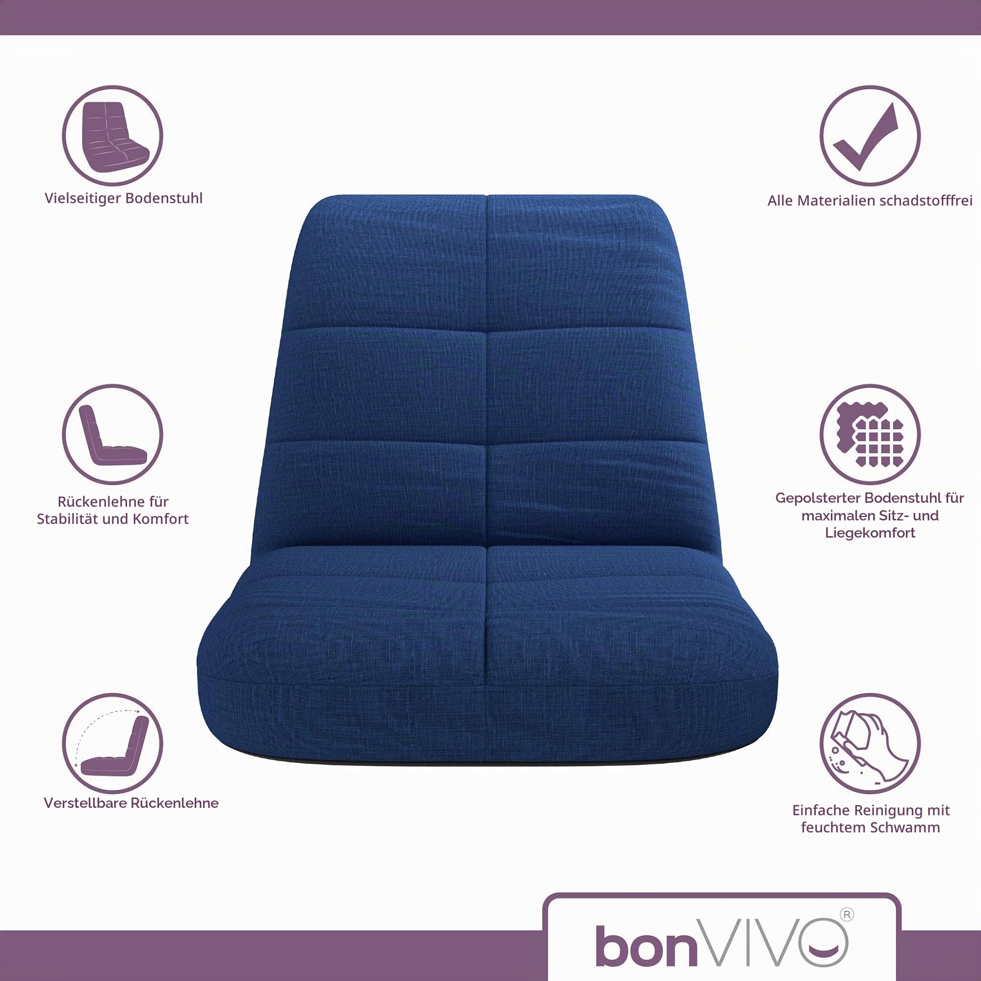 bonVIVO Easy Lounge Bodenstuhl mit Rückenlehne - Faltbarer Bodensessel, Gepolstert & Verstellbar - Mobiler Meditationsstuhl, Gaming Stuhl - Blau