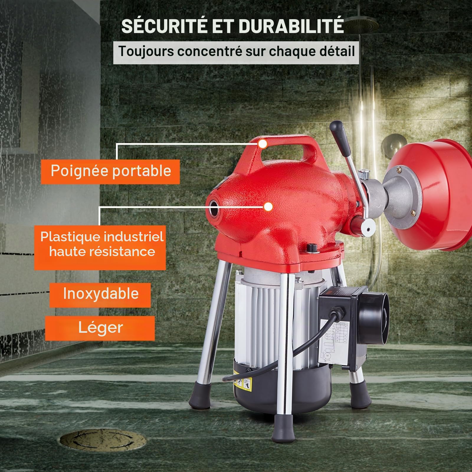 VEVOR Déboucheur Électrique Canalisation 20 m x 16 mm Machine Nettoyage Tuyaux Alimentation Manuelle 250 W 7 Coupeurs, 2 Câbles Acier 20 m x 16 mm/4,6 m x 9,5 mm, Contrôle CW/CCW pour Tuyaux 4-10 cm
