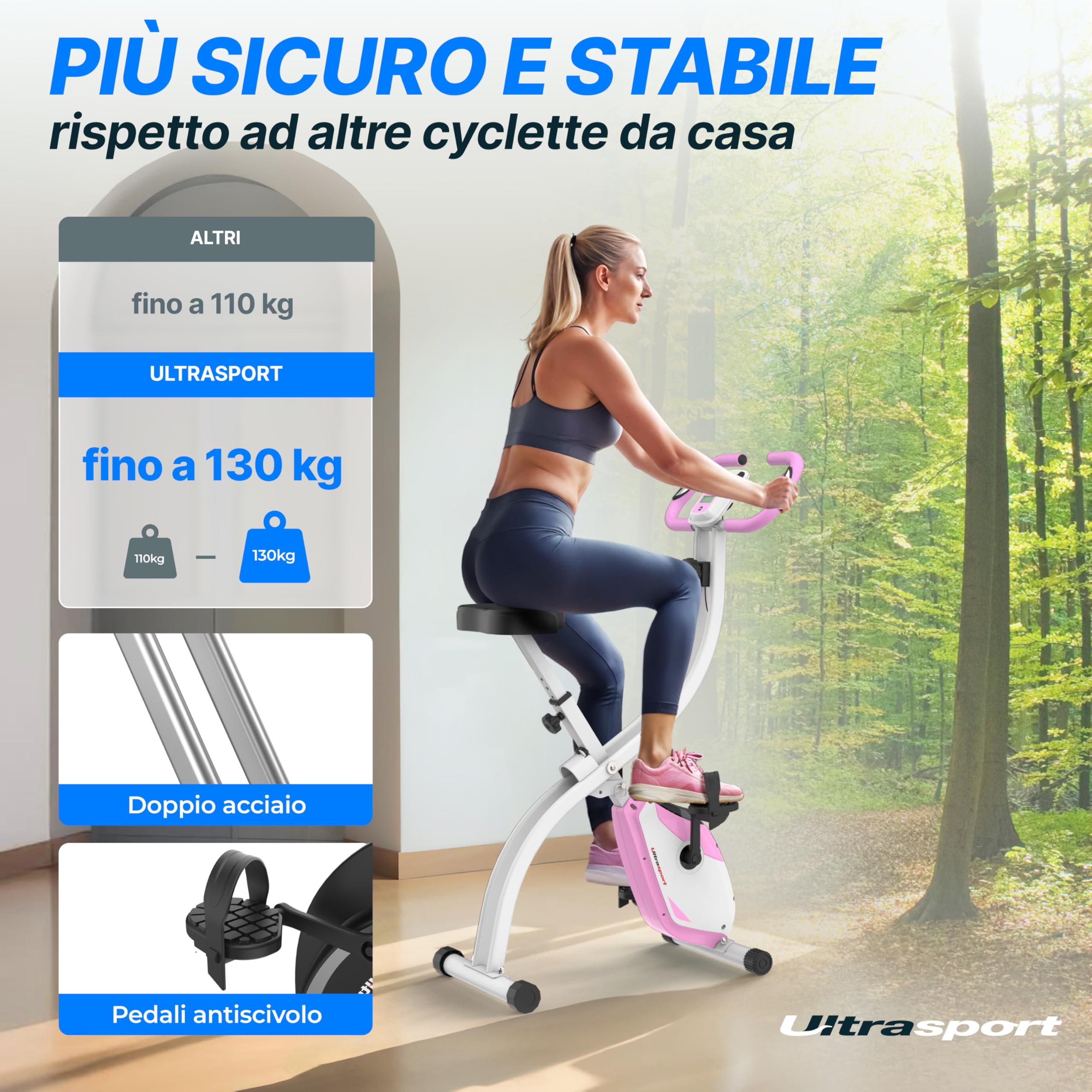 Ultrasport F-Bike 150/200, Cyclette, 8 Livelli di Resistenza, Porta Tavoletta, Sensori polso della mano, Pieghevole, Salvaspazio