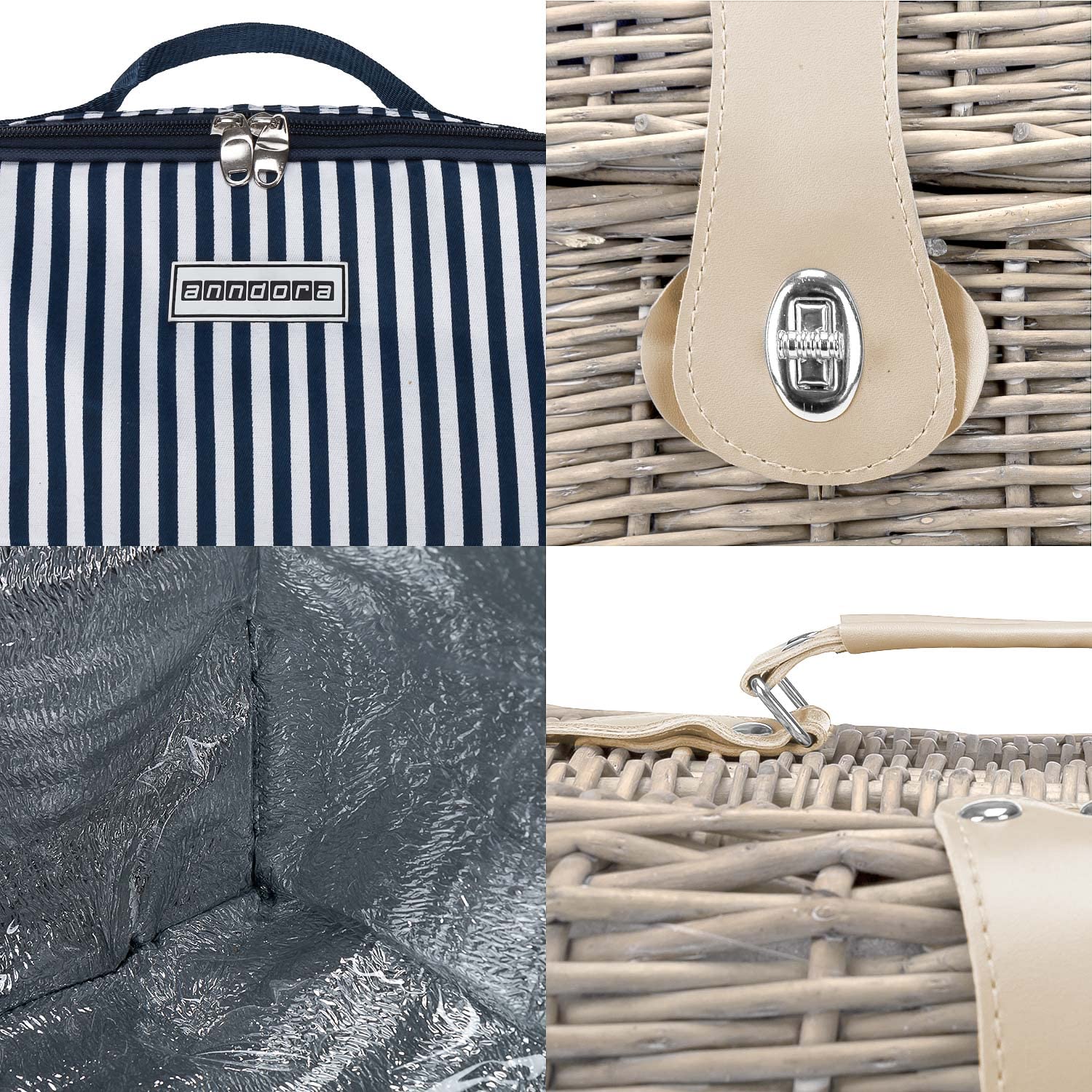 anndora Picknickkorb Shabby helle Natur Weide - mit Isolierfach herausnehmbar blau gestreift - inkl. Zubehör 21 Teile - 4 Personen - Tragegurt