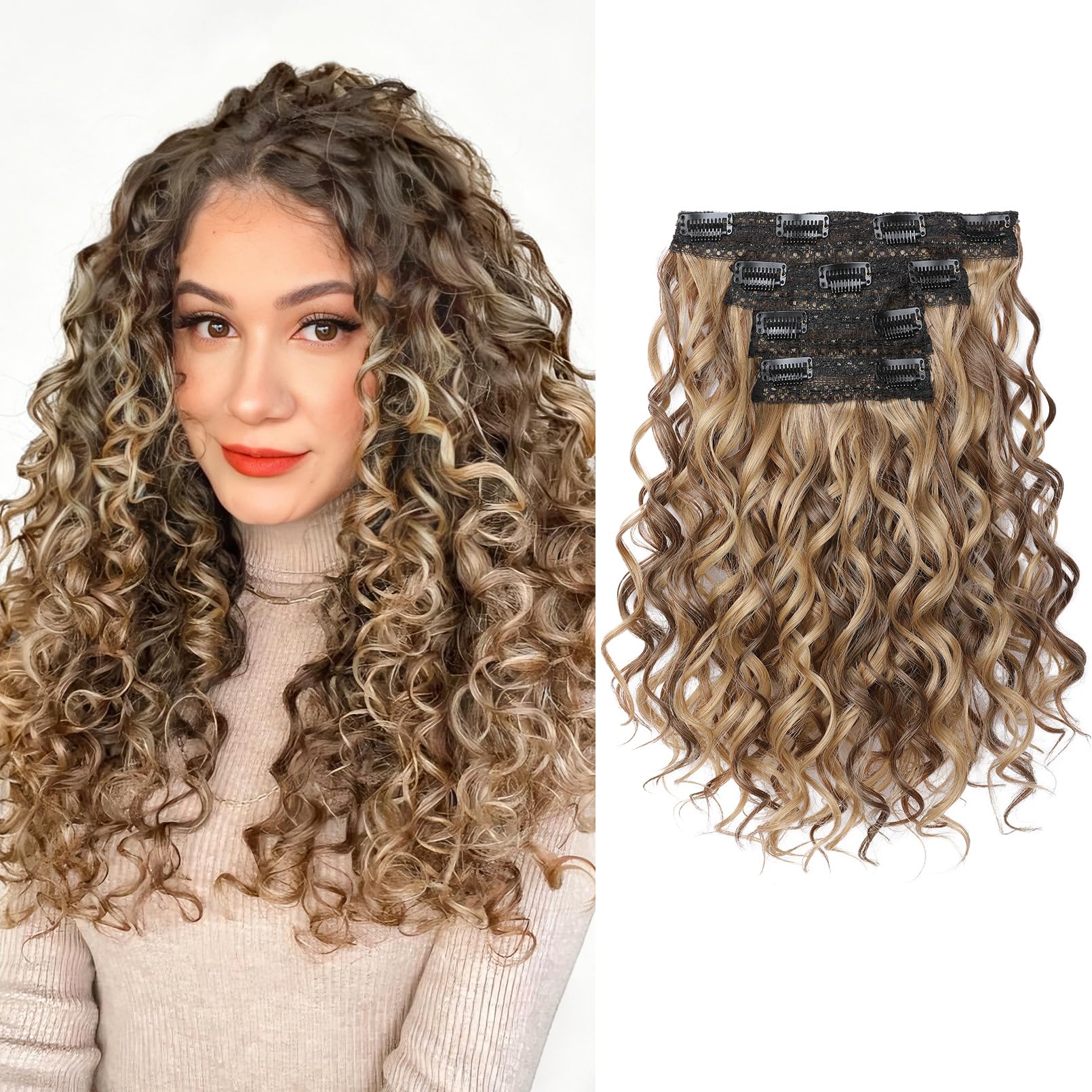 Photo 1 of REECHO 24-Inch Curly Clip-in Hair Extensions, Light Brown with Blonde Highlights