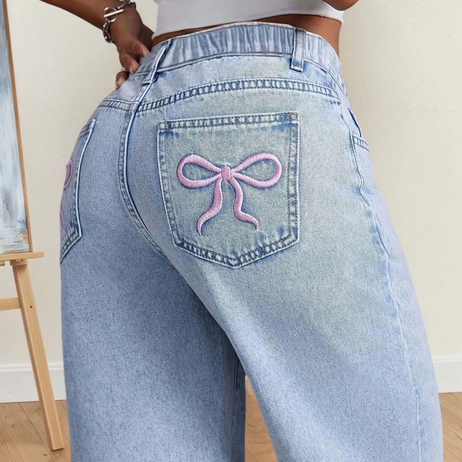 Jeans a Gamba Dritta a Vita Alta per Ragazze con Fiocco Ricamato, Pantaloni Casual Carini per l'uso Quotidiano, Comodi Pantaloni in Denim Larghi per Adolescenti