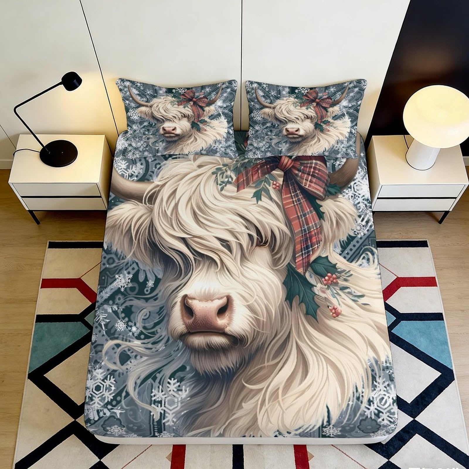 3D Printed Highland Cow Fitted Sheet Microfiber Soft Plaid Bow Snowflakes Bed Cover for Bedroom Dorm Mattress Decor 90x200x25cm