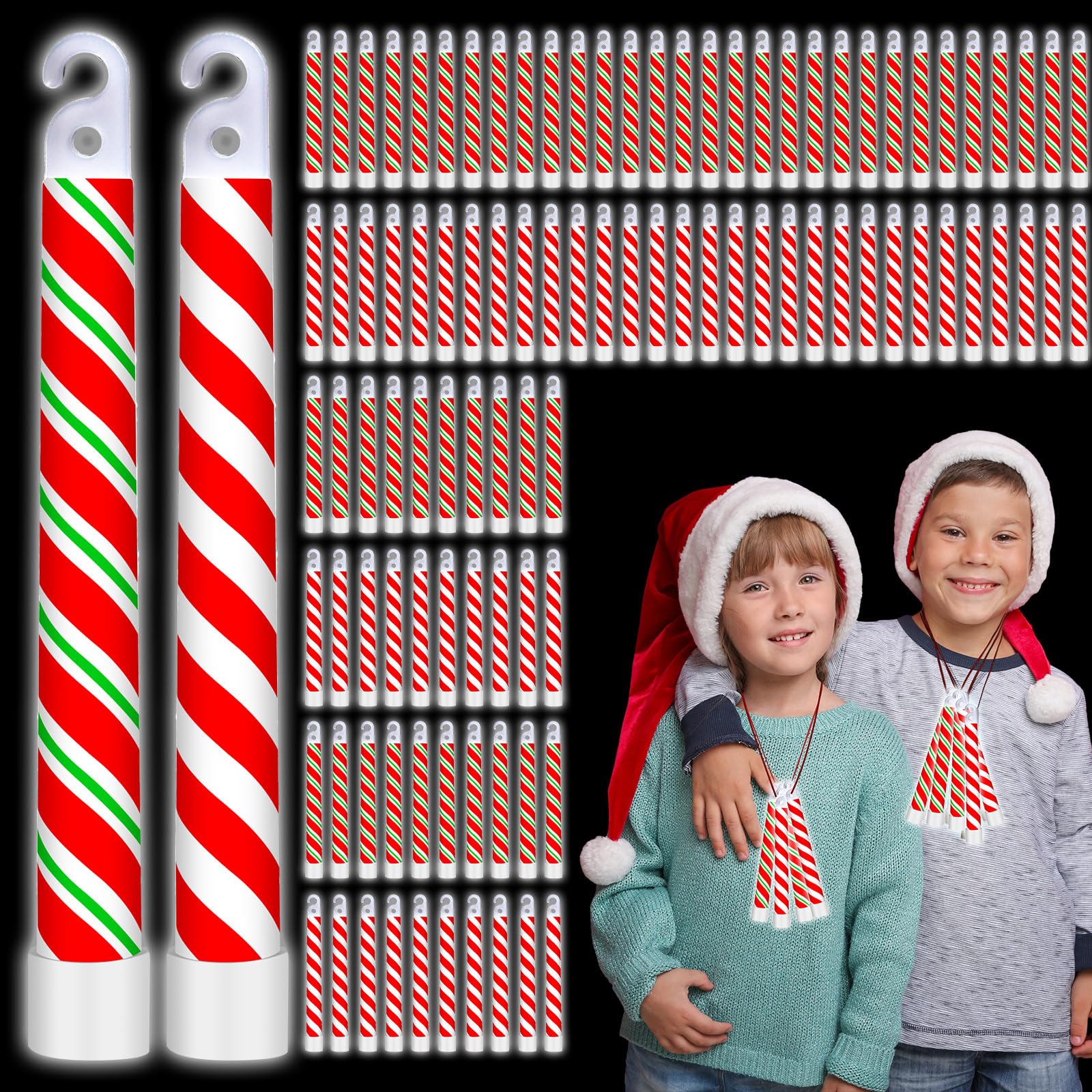 Wettarn 100 Pcs Christmas Glow Sticks Bulk 6 Inch Light up Sticks Bright Candy Cane Sticks Xmas Glow in The Dark Sticks with Lanyard Christmas Party Favors for Kids Adults Camping Birthday Parties