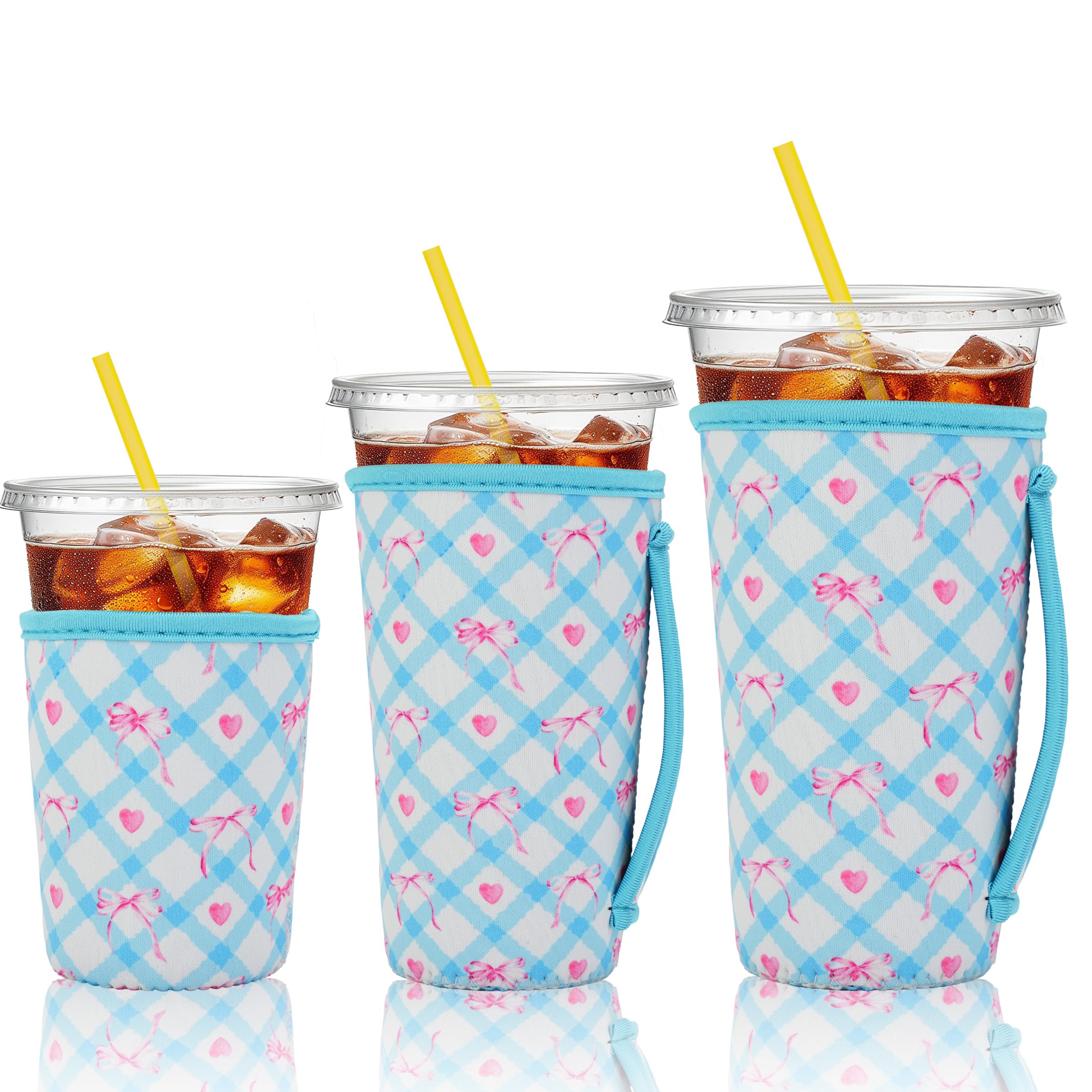 KJQJLY 3 Reusable Iced Coffee Sleeves for Iced Coffee Cups or Drinks Reusable Neoprene Insulated Sleeves for Hot and Cold Drinks from Starbucks, Dunkin, And More (Blue Argyle Bows)