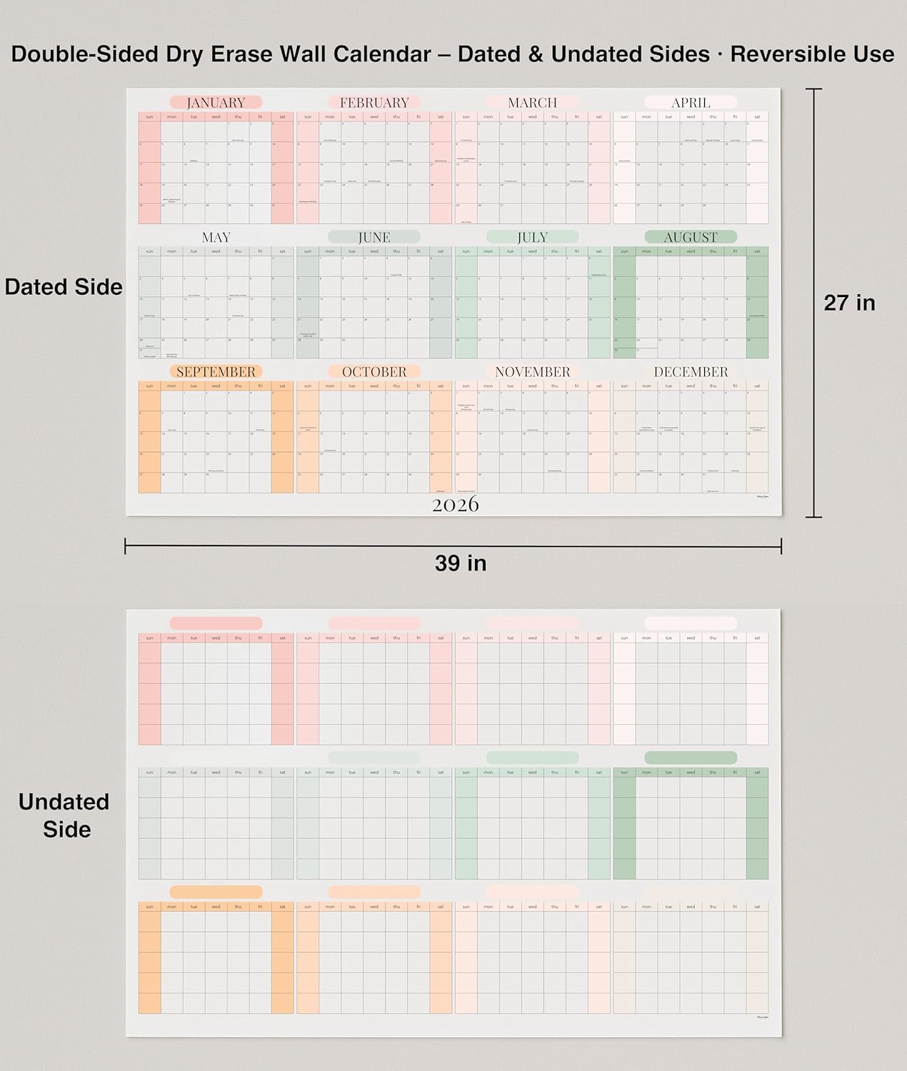 Dry Erase Wall Planner (27×39 in) – Double-Sided Reusable Yearly Planner with Undated Planning Board & 2026 Calendar Reference, Large Laminated Write & Wipe Wall Calendar for Home, Office, Classroom
