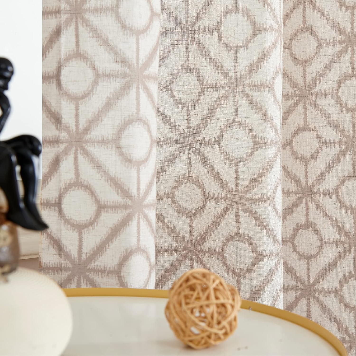 jinchan Linen Textured Curtains for Living Room Grommets Top Durable Linen Flax Burlap Geometric Tile Print Design Privacy Window Treatment Set for Bedroom 2 Panels 95 Inches Long Taupe