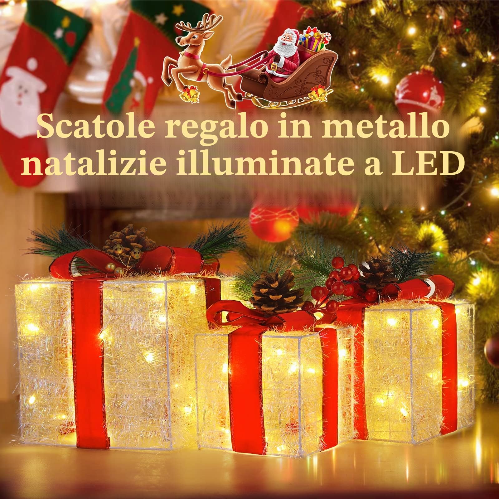 Quntis Scatole Regalo Luci di Illuminate Natale,60LED Pacco Regalo Luminoso | Set di 3 Scatole Luci Decorazione Natalizia, Pacchi Regalo Luminosi per L'Albero di Natale/Home Showcase/Negozio Vetrina