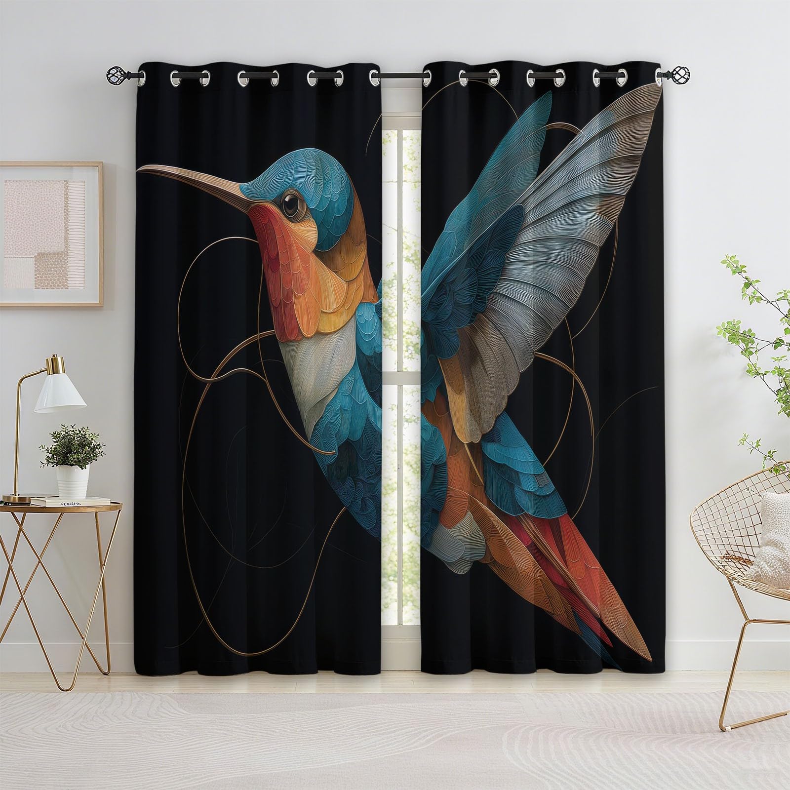 Rideau thermique anti froid occultant noir motif colibri 2 pièces