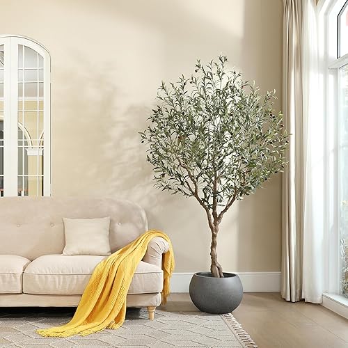 LOMANTO Olivos artificiales para interiores, plantas de olivo artificiales de 7 pies, olivo sintético alto, árbol de seda topiario falso en maceta
