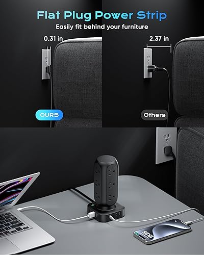 Miniatura 4 de Torre de regleta de alimentación dual PD de 20 W, regleta de alimentación con 12 salidas de CA y 8 puertos USB (4 USB C), estación de carga rápida