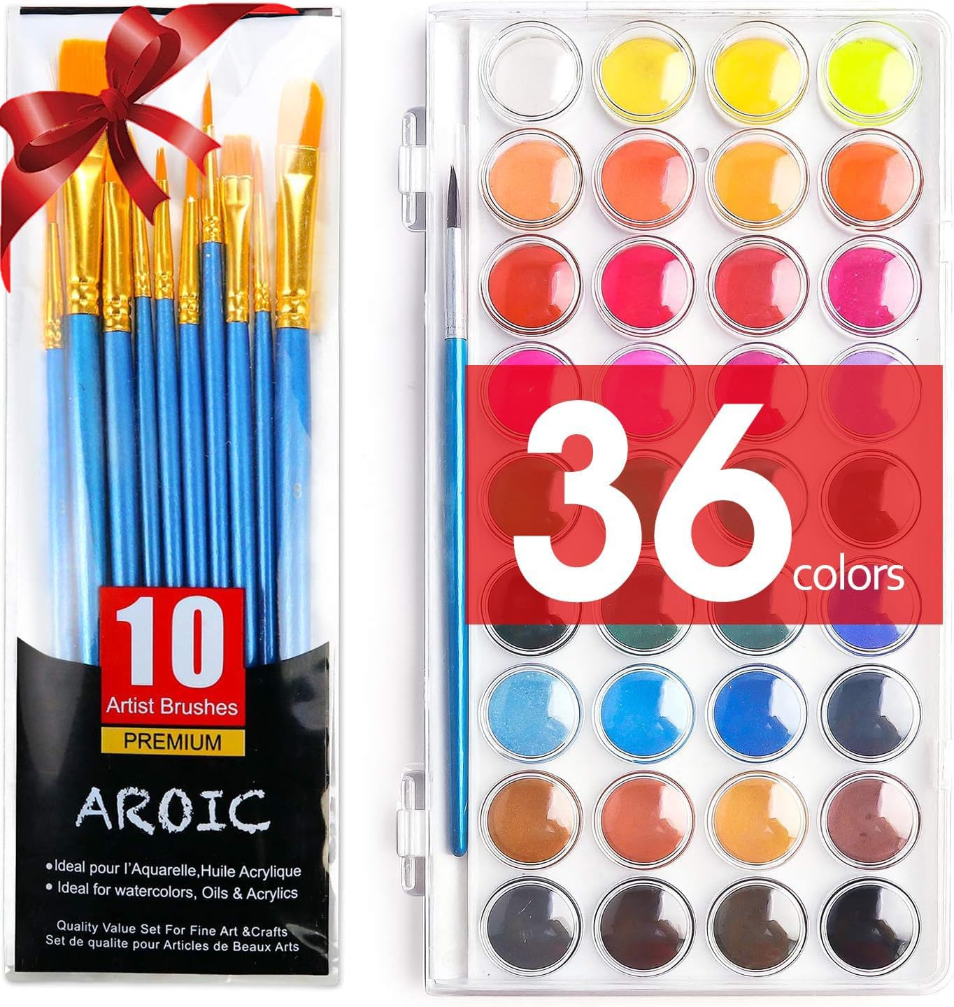 AROIC Watercolor Paint Set, 36-Color Watercolor Paint with 10 Brushes, Non-Toxic Washable Watercolors for Adults, Art Supplies for Painting, Drawing, DIY Crafts, School, Classroom, Artist Use for Age 12+